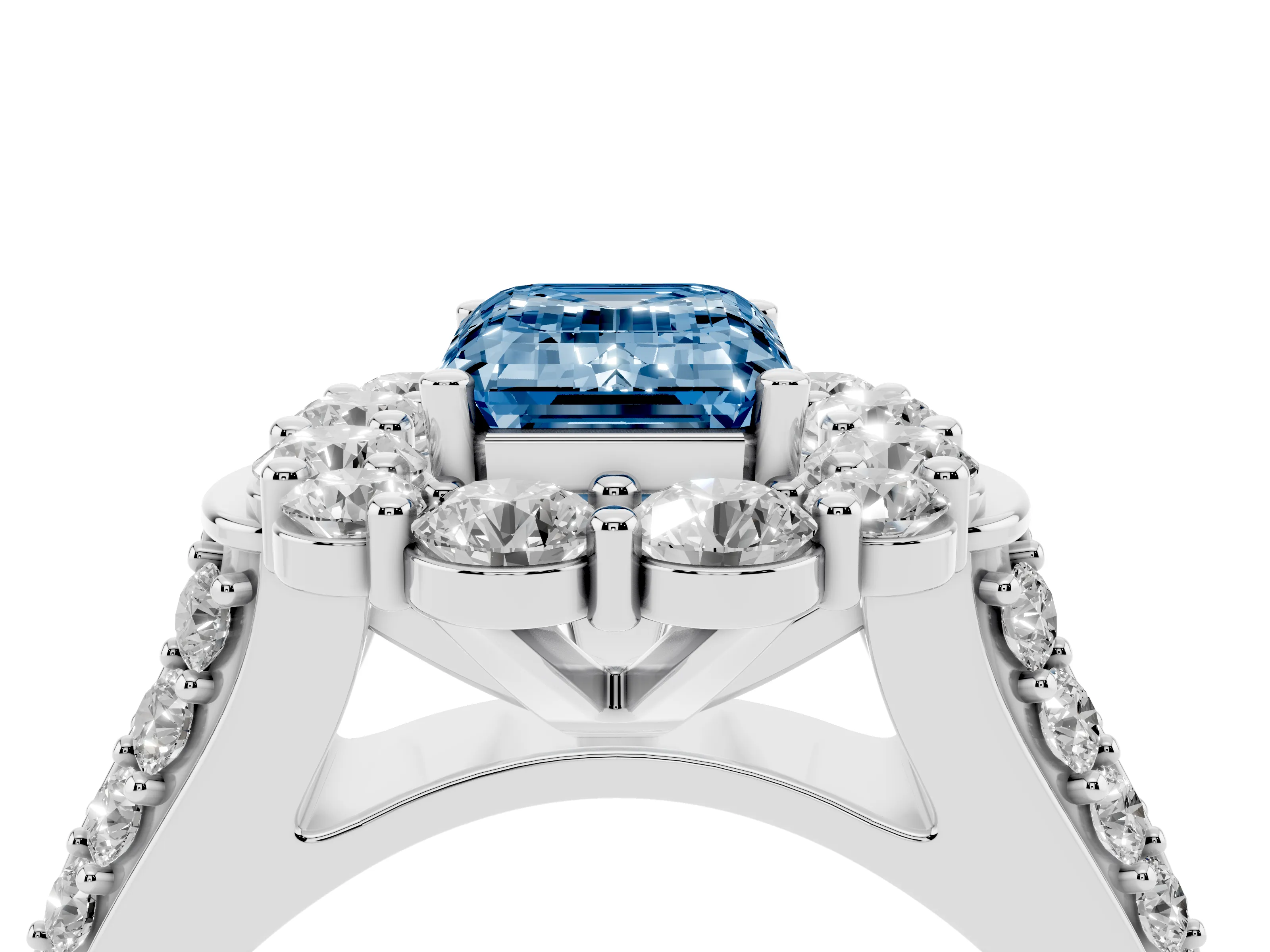 Fancy Blue Emerald Cut Diamond Halo Engagement Ring Set in Platinum with Split Shank and Prong Setting