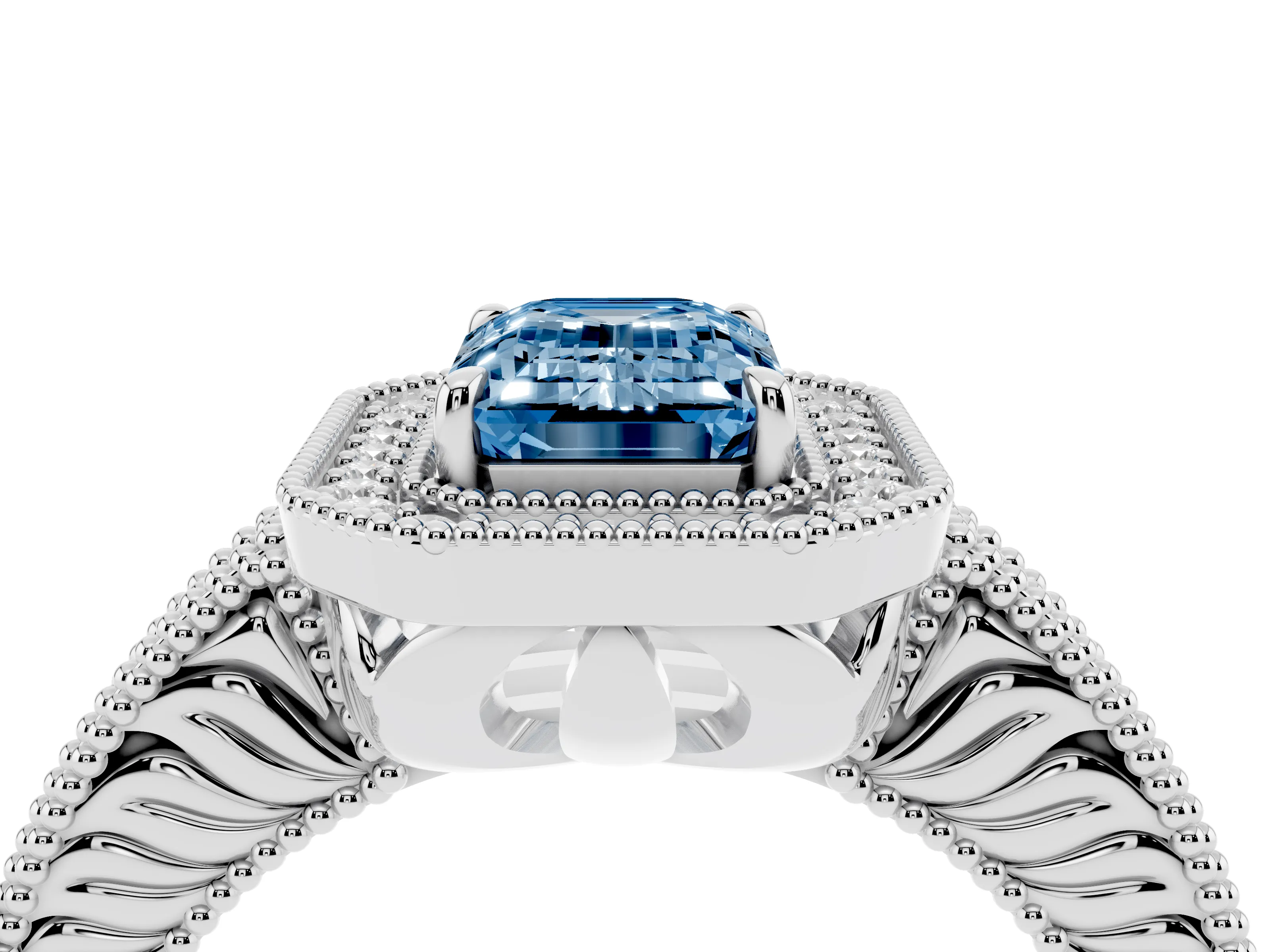 Fancy Blue Emerald Cut Diamond Halo Ring Set in White gold with Round Accent Halo, Pavé Band and Prong Setting