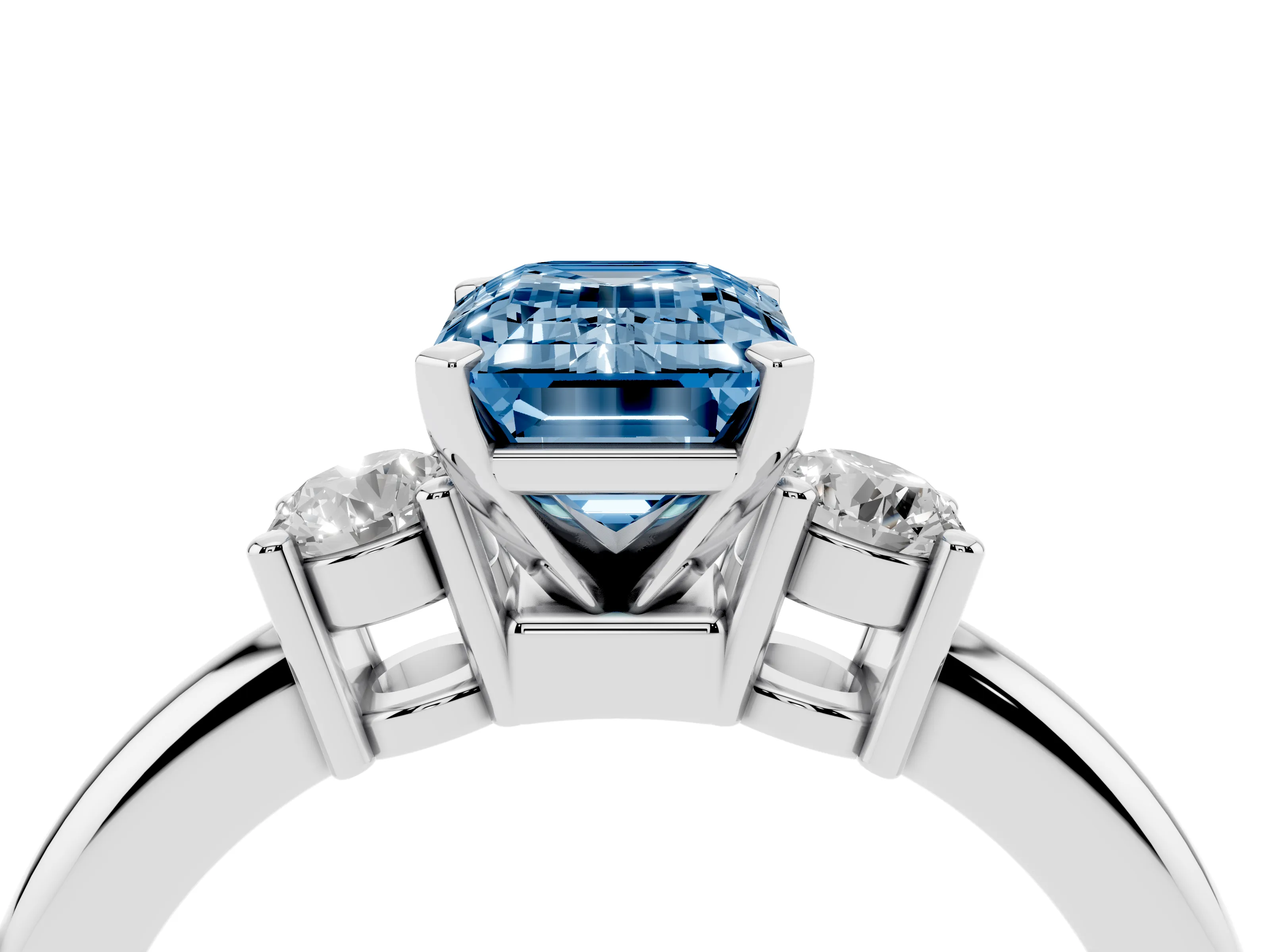 Fancy Blue Three-Stone Emerald Cut Diamond Ring Set in Platinum with Prong Setting and Plain Band