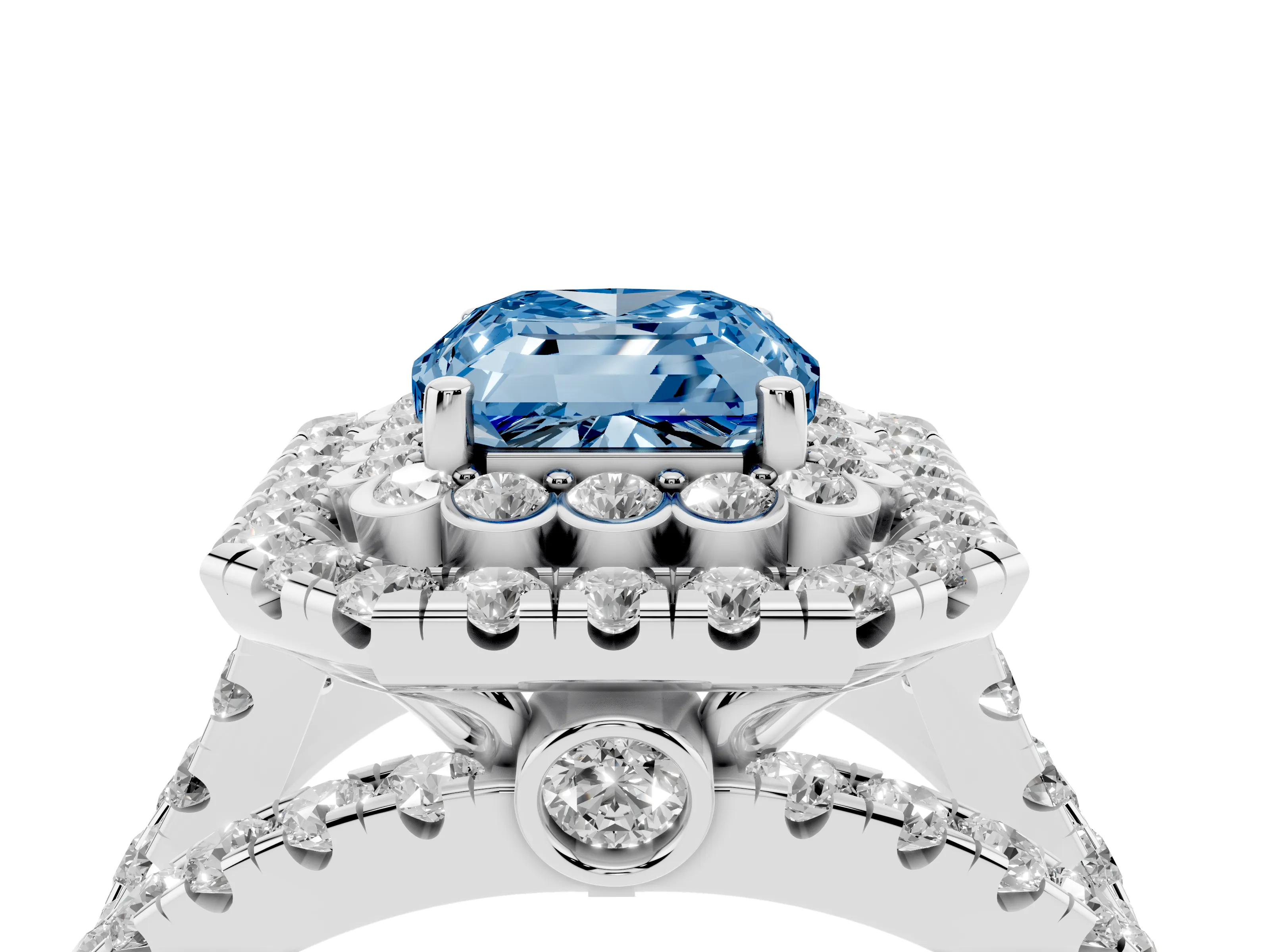 Fancy Blue Emerald Cut Diamond Double Halo Ring Set in Silver with Round Pavé Split Shank