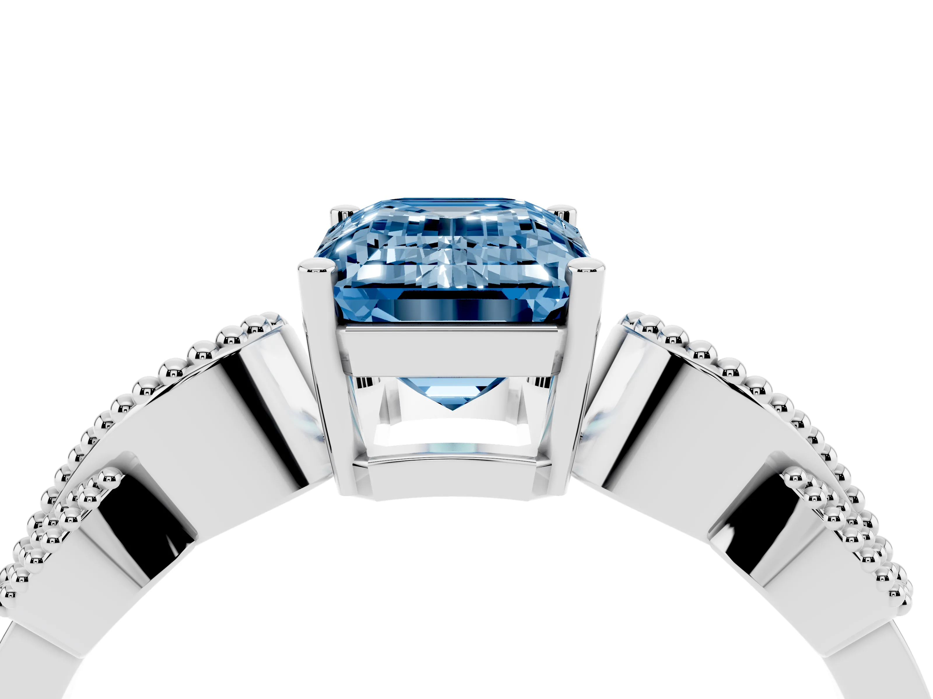 Fancy Blue Emerald Cut Diamond Milgrain Leaf Band Solitaire Ring Set in White gold with Accent Stones and Prong Setting