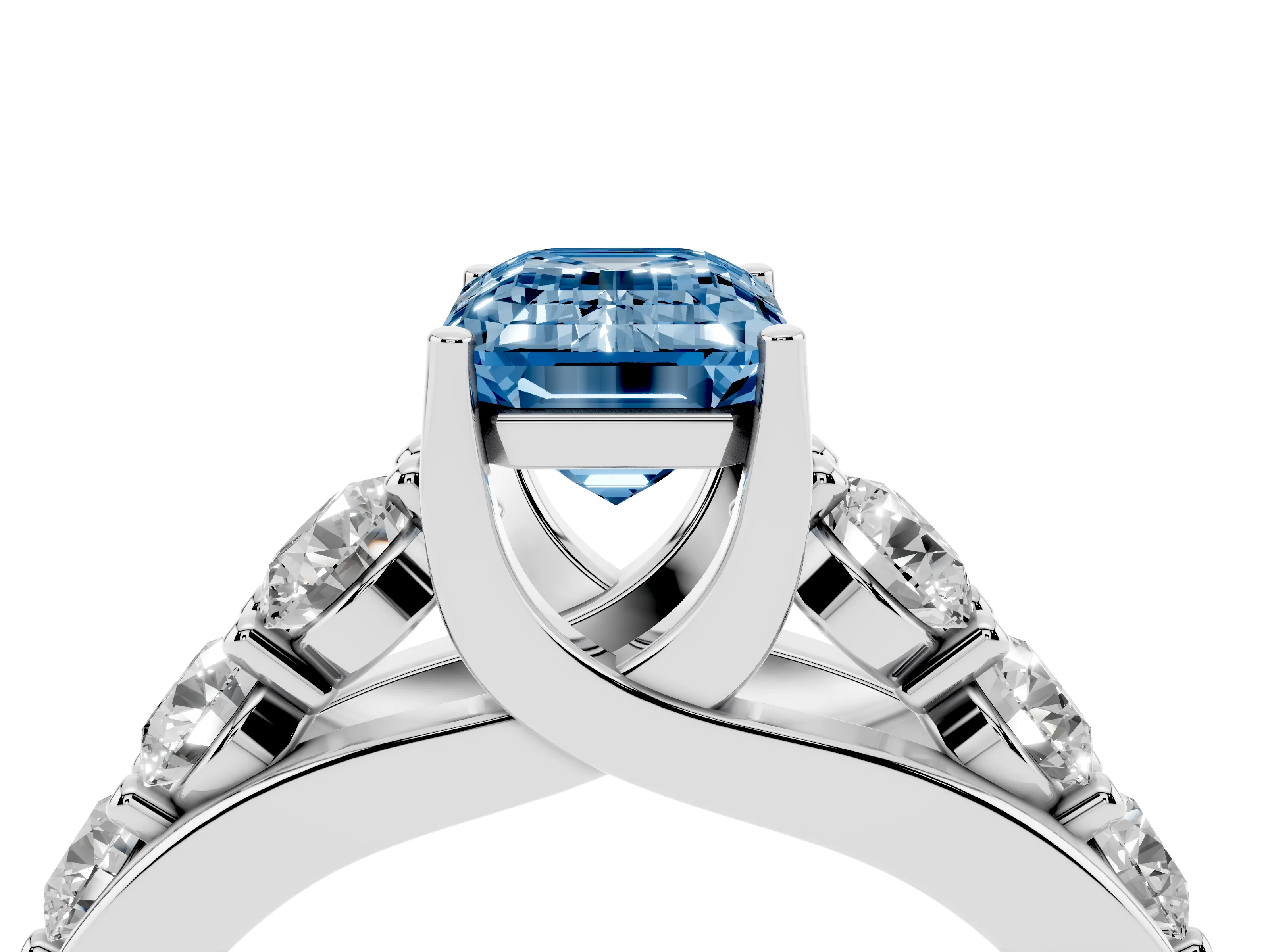 Fancy Blue Emerald Cut Diamond Pavé Engagement Ring Set in Platinum with Prong Setting