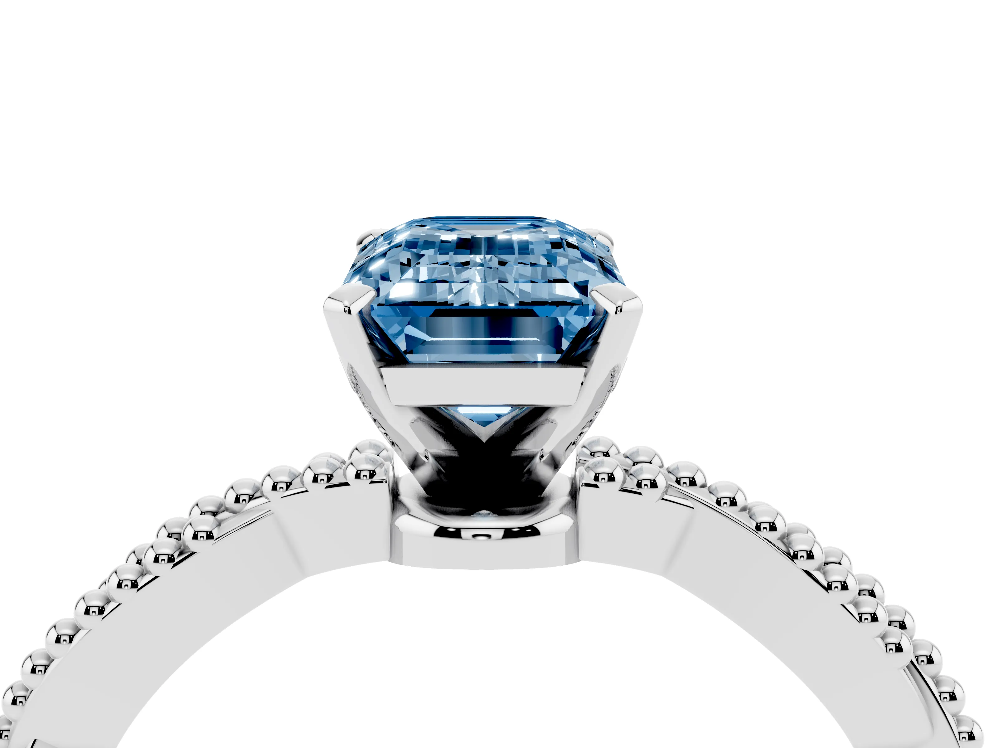 Fancy Blue Emerald Cut Diamond Solitaire Ring Set in White gold with Twisted Band and Bead Prong Setting