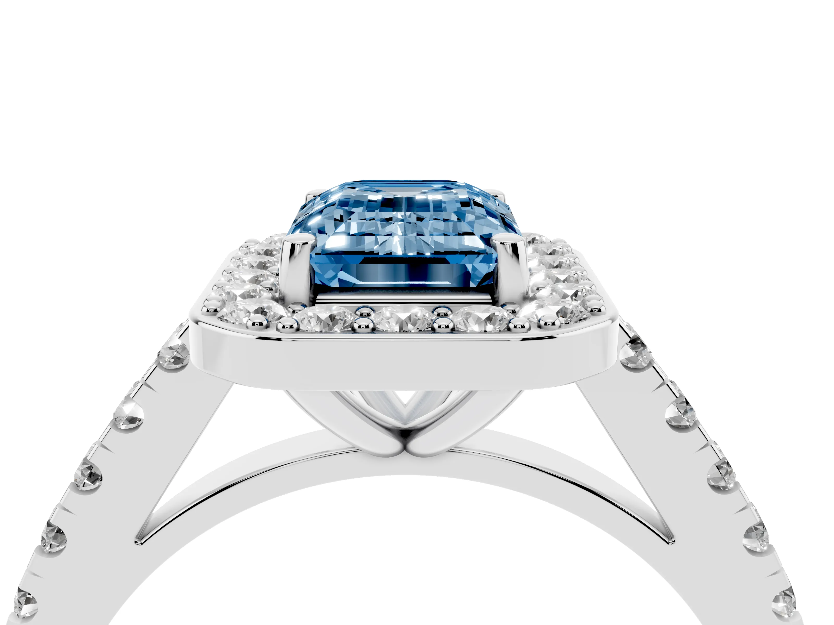 Fancy Blue Emerald Cut Diamond Halo Ring Set in Silver with Round Pavé Split Shank and Prong Setting
