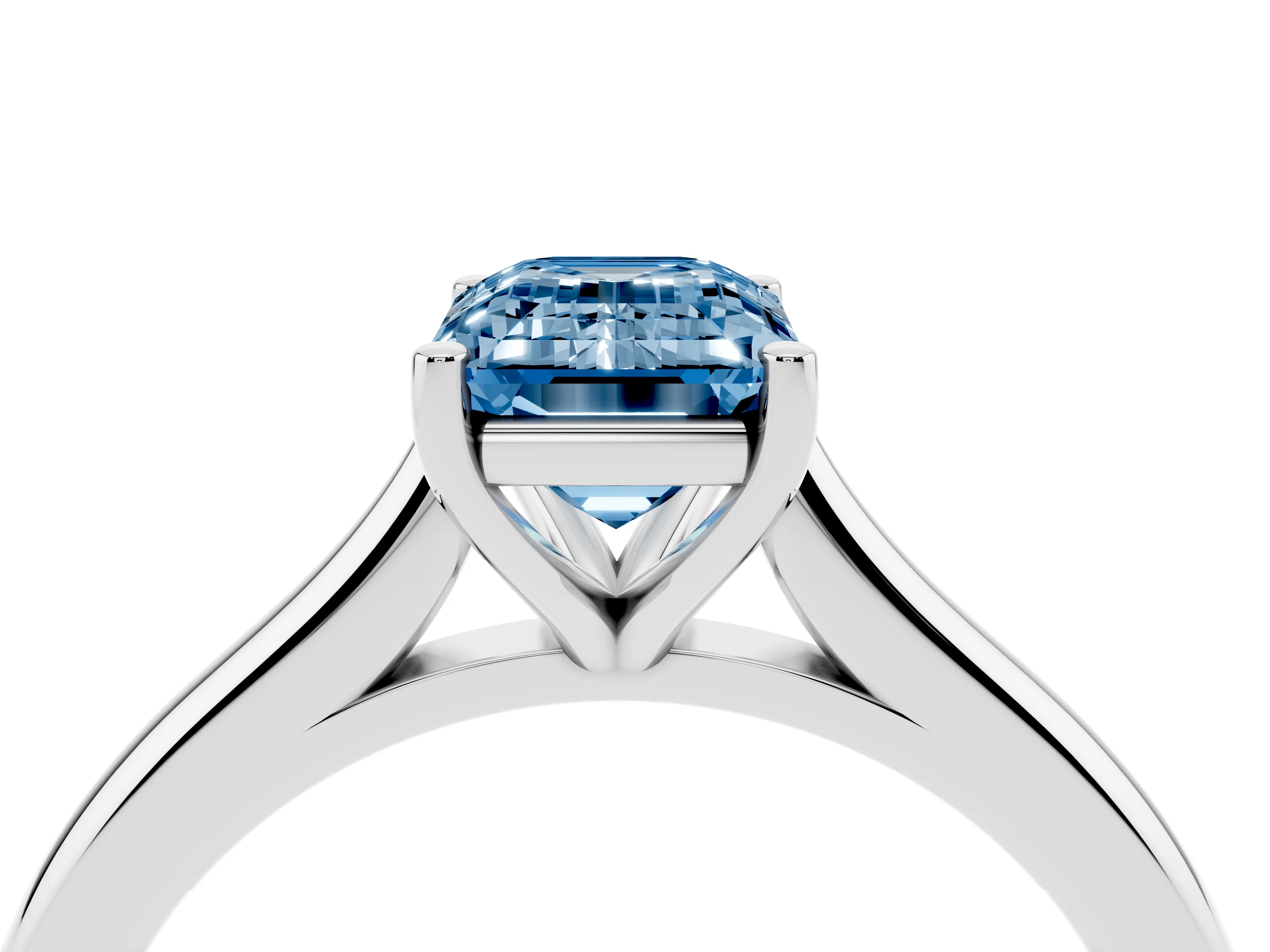 Fancy Blue Emerald Cut Diamond Solitaire Ring Set in White gold with Cathedral Band and Prong Setting
