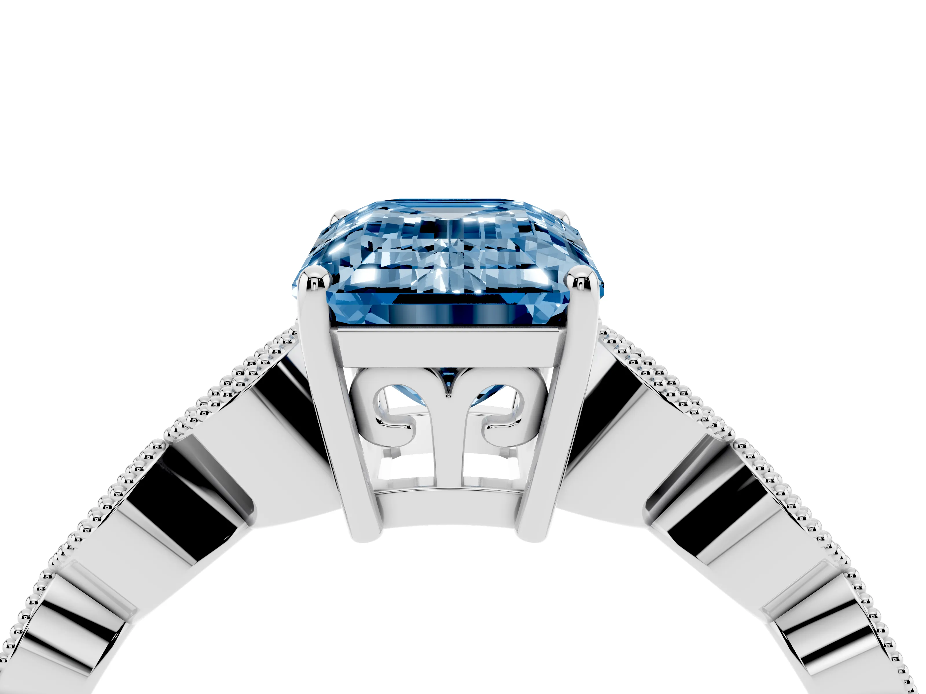 Fancy Blue Emerald Cut Diamond Solitaire Ring Set in White gold with Infinity Twist Pavé Band