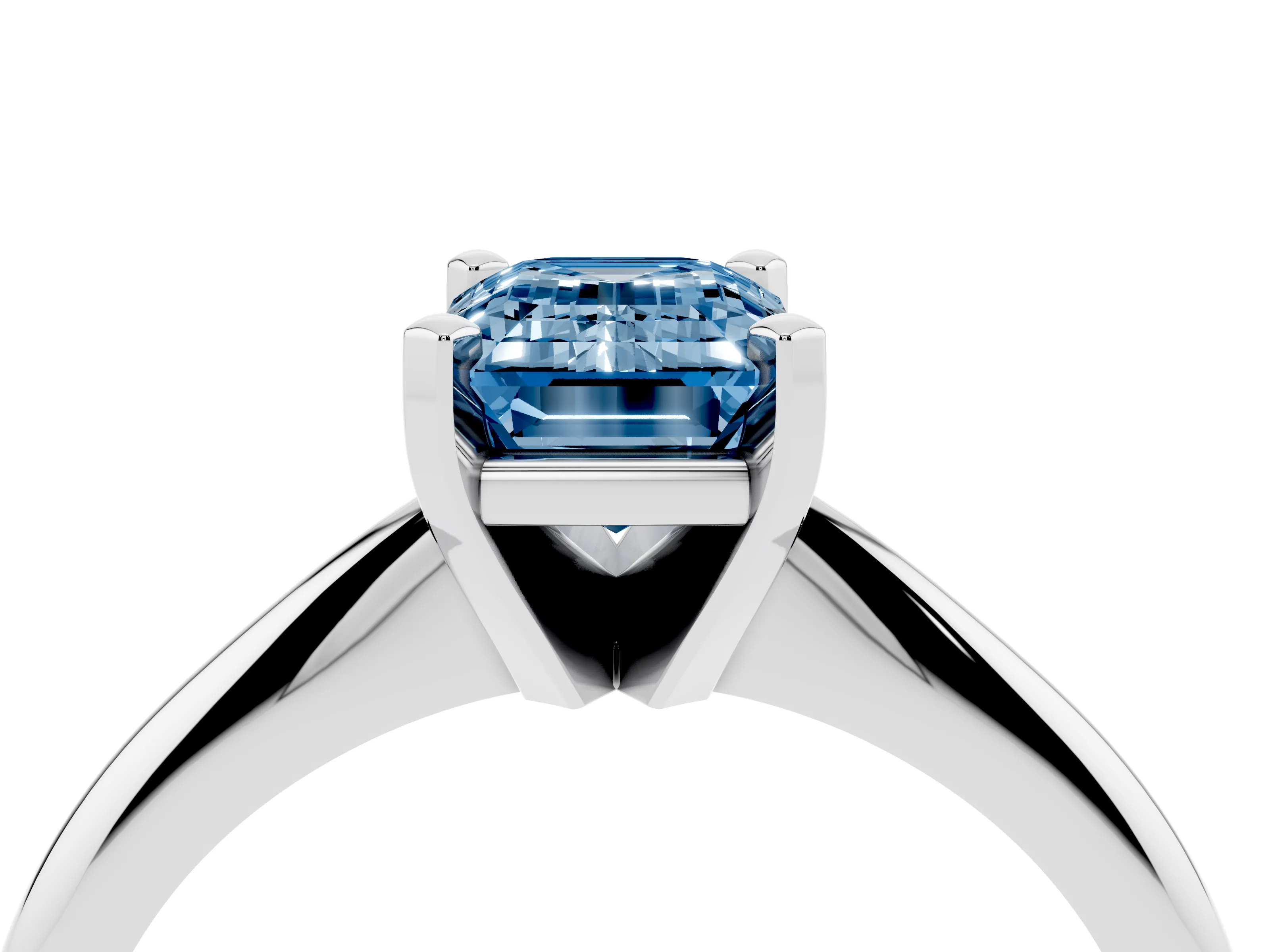 Fancy Blue Emerald Cut Diamond Solitaire Ring Set in Silver with Prong Setting on a Plain Round Band