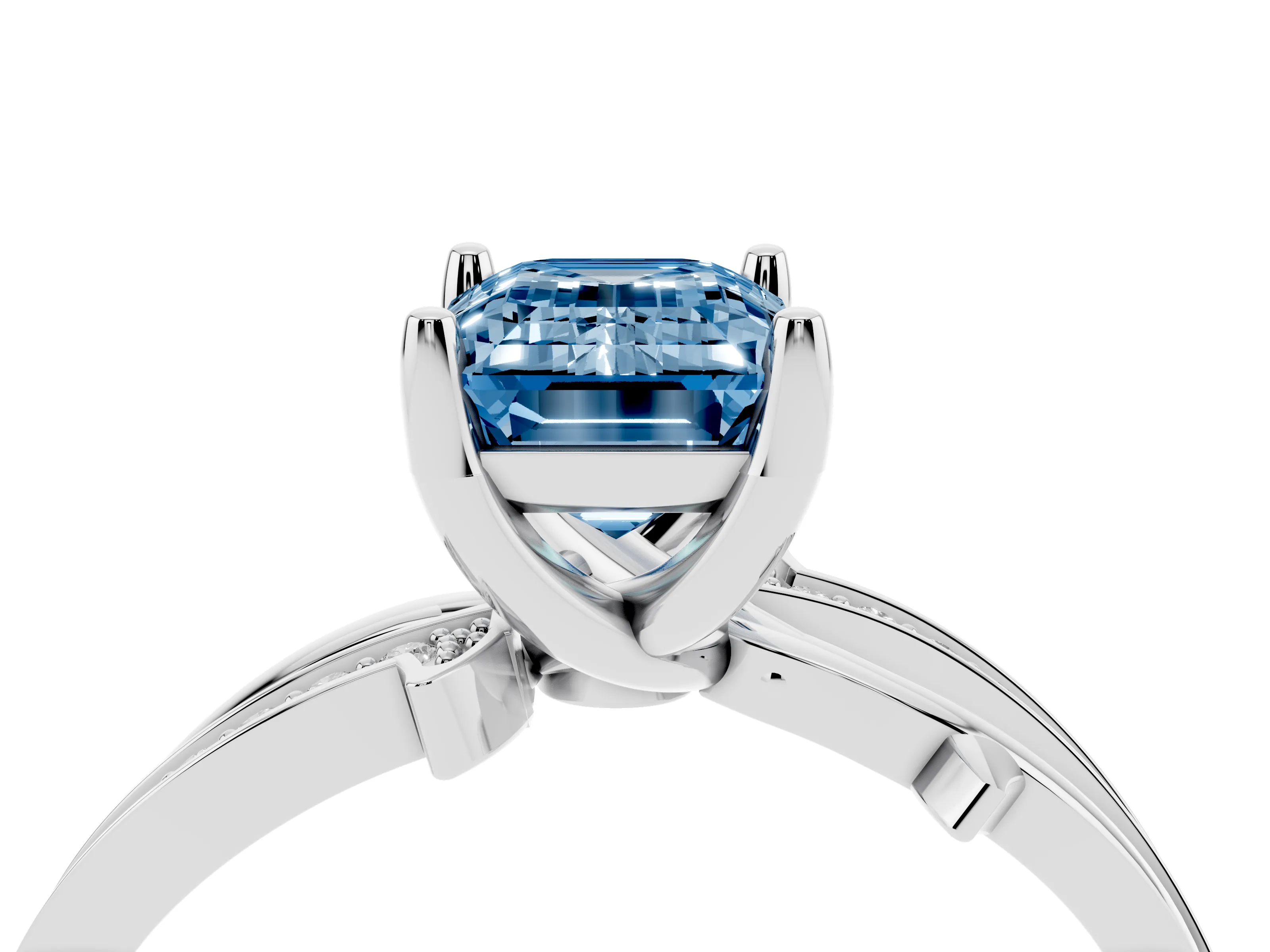 Fancy Blue Emerald Cut Diamond Pavé Twist Band Solitaire Ring Set in Silver with Prong Setting