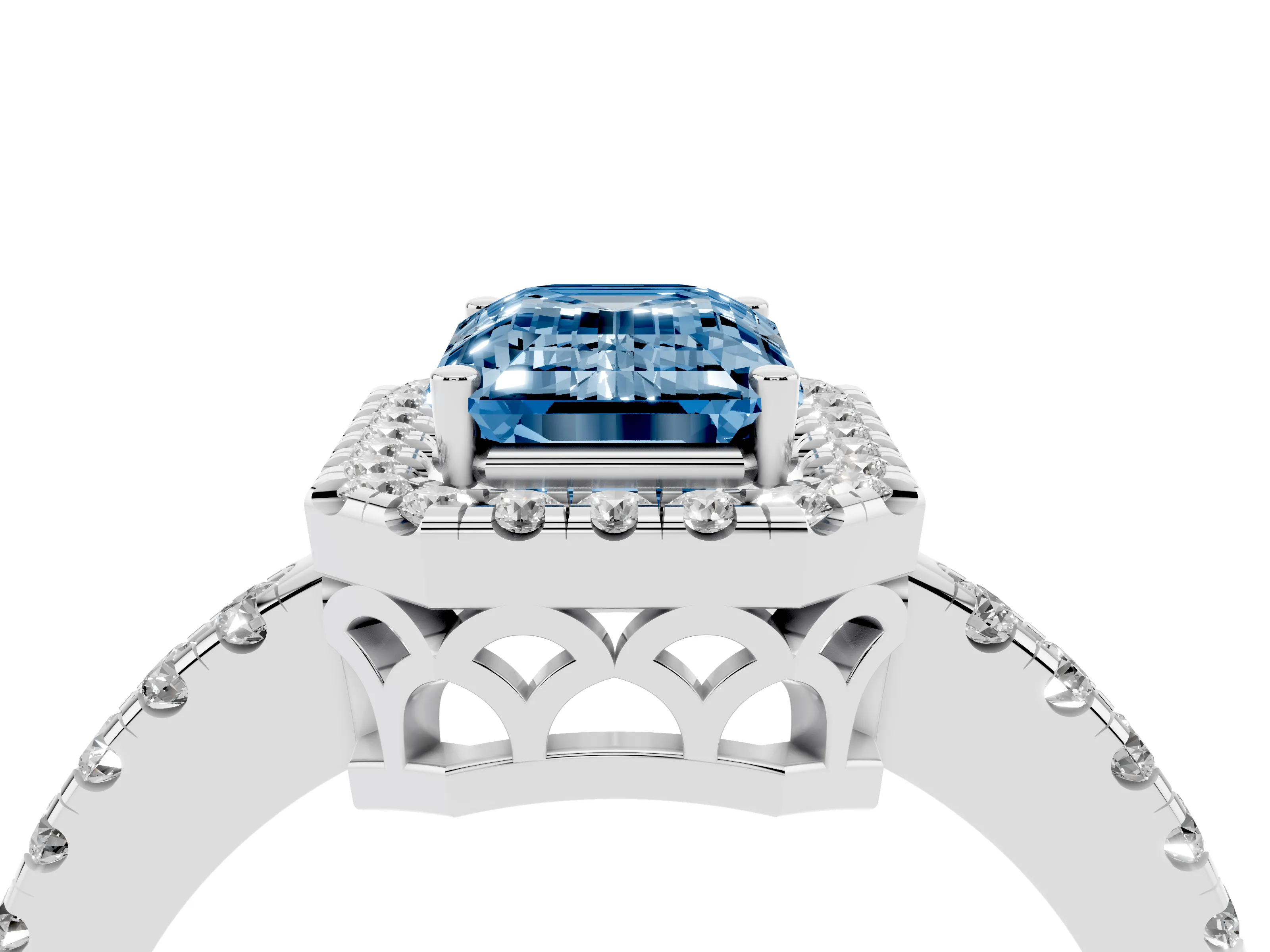 Fancy Blue Emerald Cut Diamond Pavé Band Halo Engagement Ring Set in White gold with Prong Setting