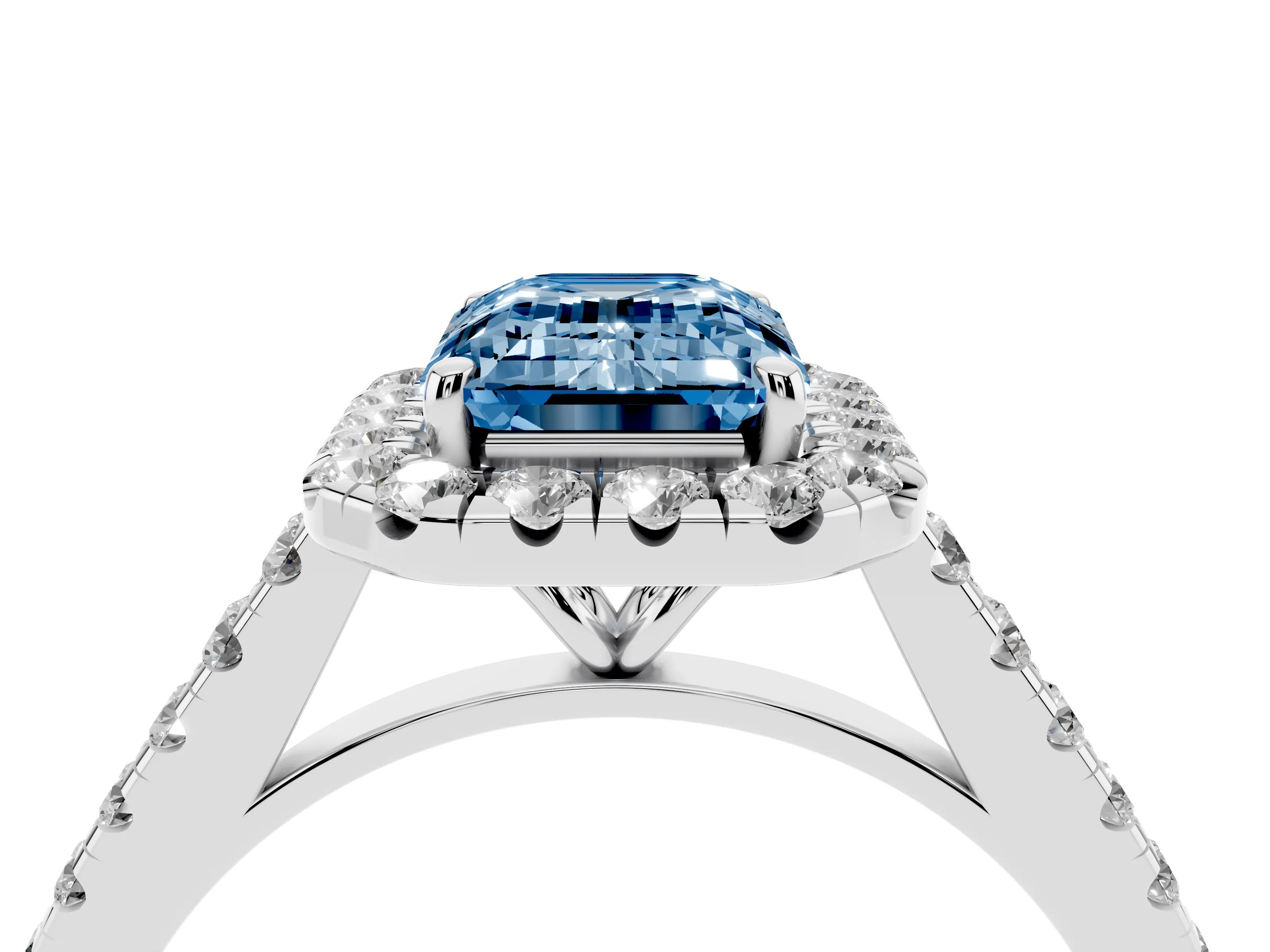 Fancy Blue Emerald Cut Diamond Halo Pavé Engagement Ring Set in Platinum with Prong Setting