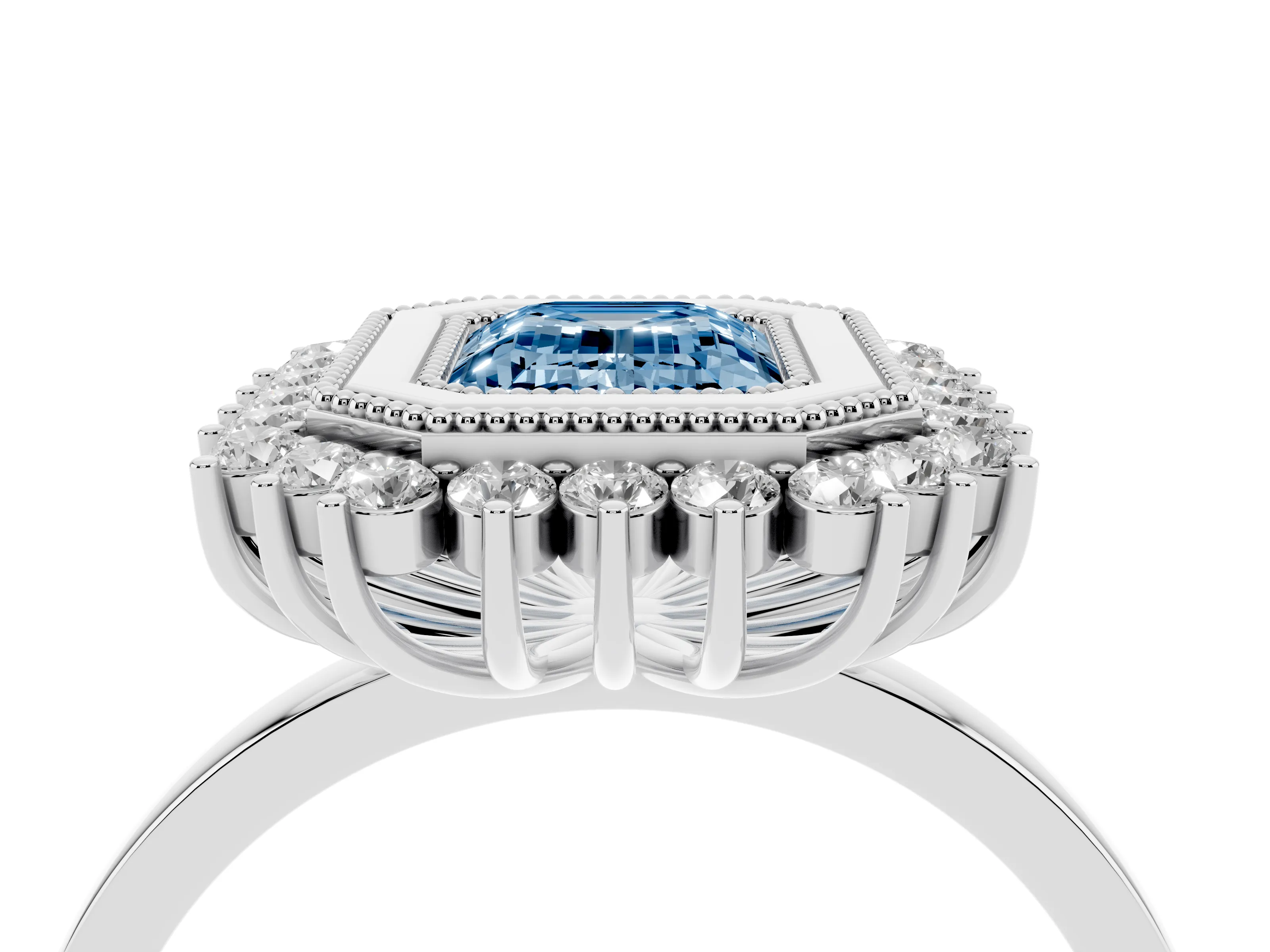 Fancy Blue Emerald Cut Diamond Halo Ring Set in Silver with Milgrain Edge and Round Prong Setting
