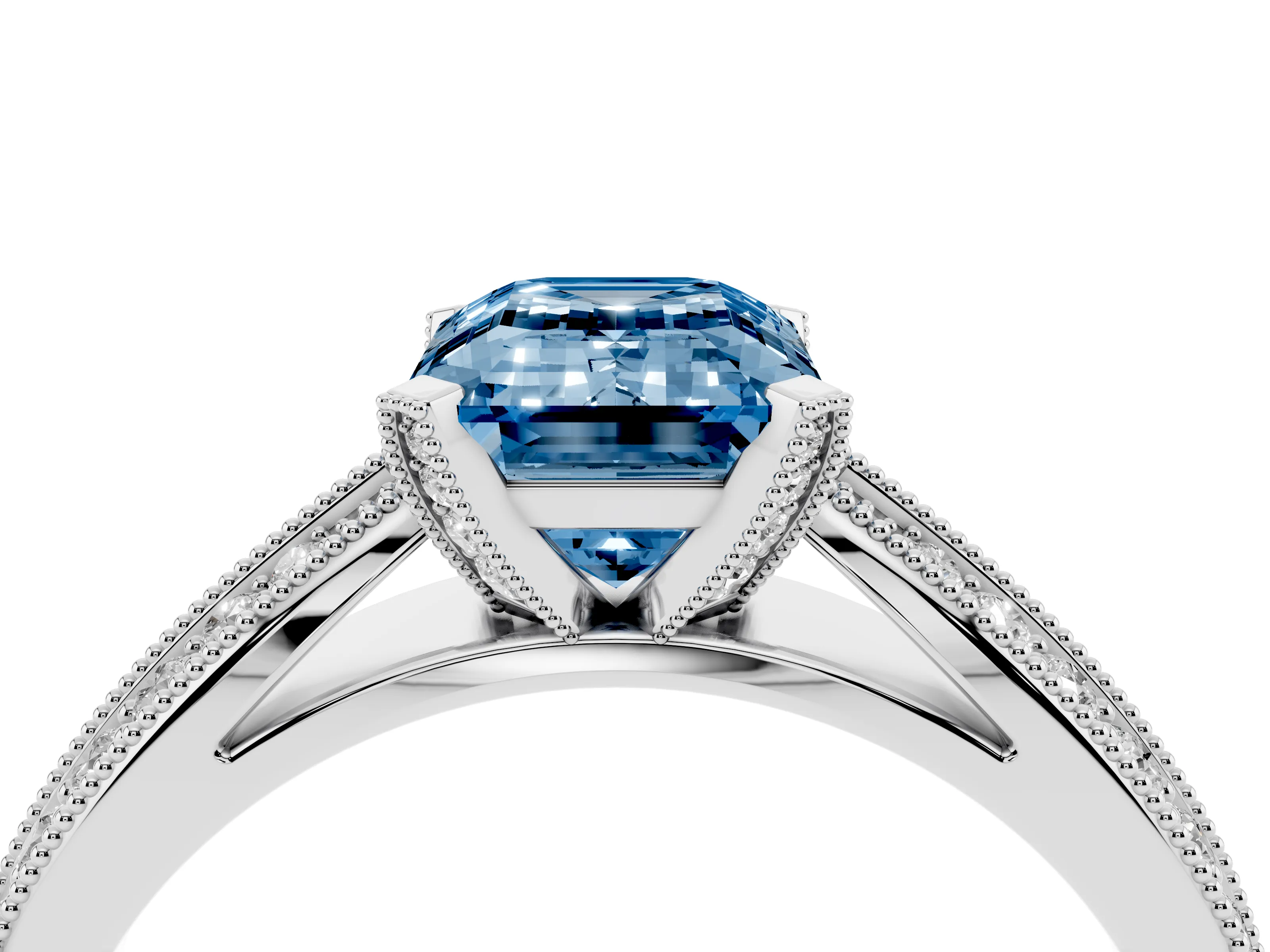 Fancy Blue Emerald Cut Diamond Solitaire Ring Set in Silver with Milgrain Double Row Round Pavé Band