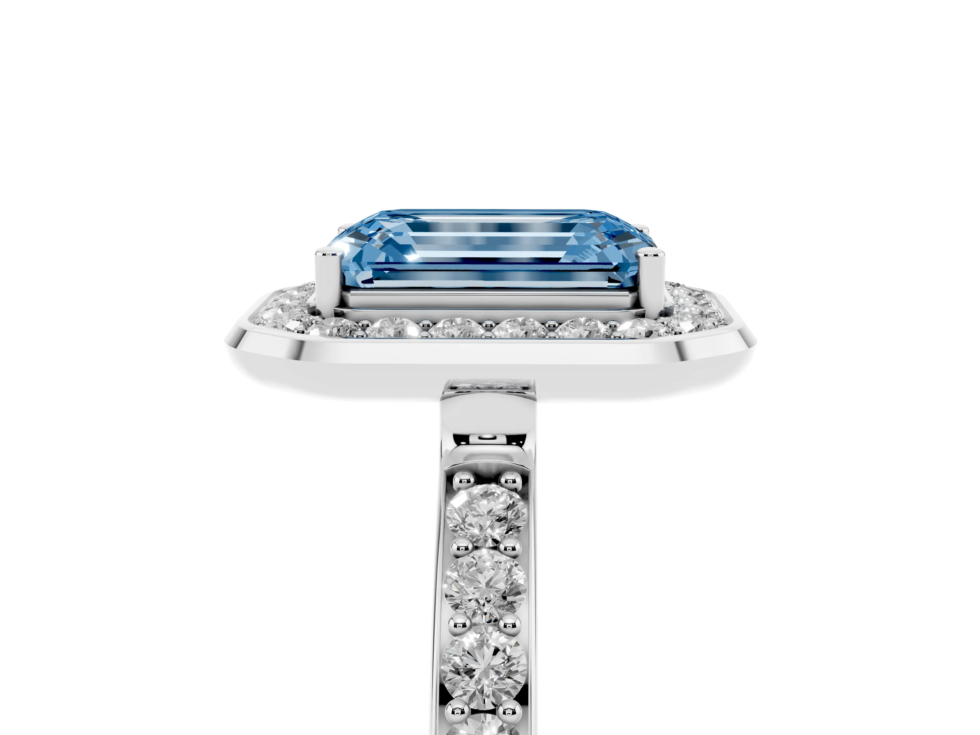 Fancy Blue Emerald Cut Diamond Halo Ring Set in White gold with Bezel Frame and Pavé Band