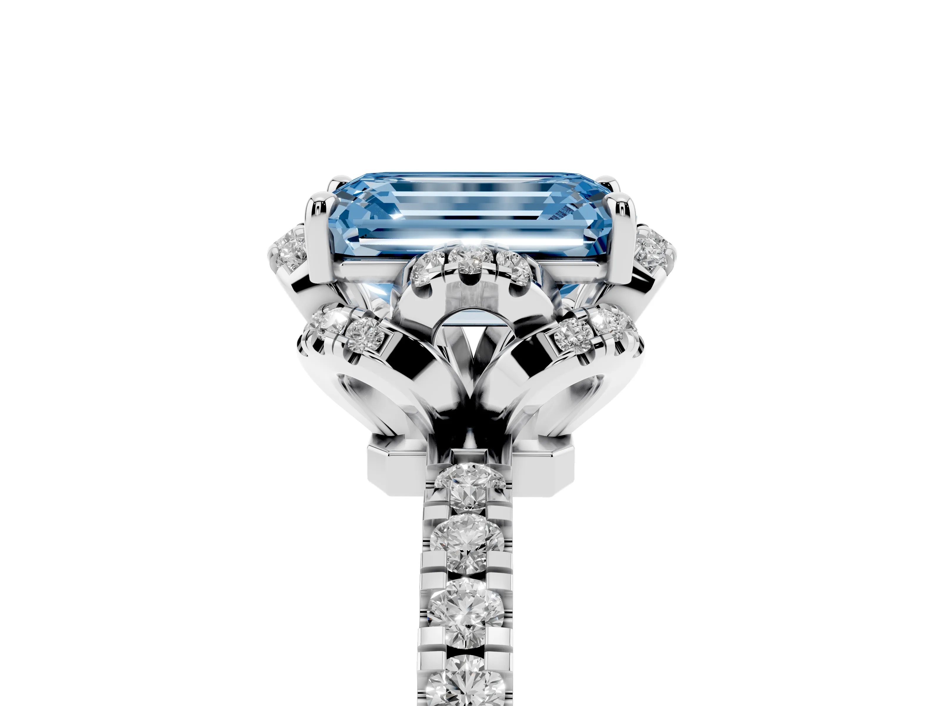 Fancy Blue Emerald Cut Diamond Halo Pavé Band Ring Set in Platinum with Prong-Held Center