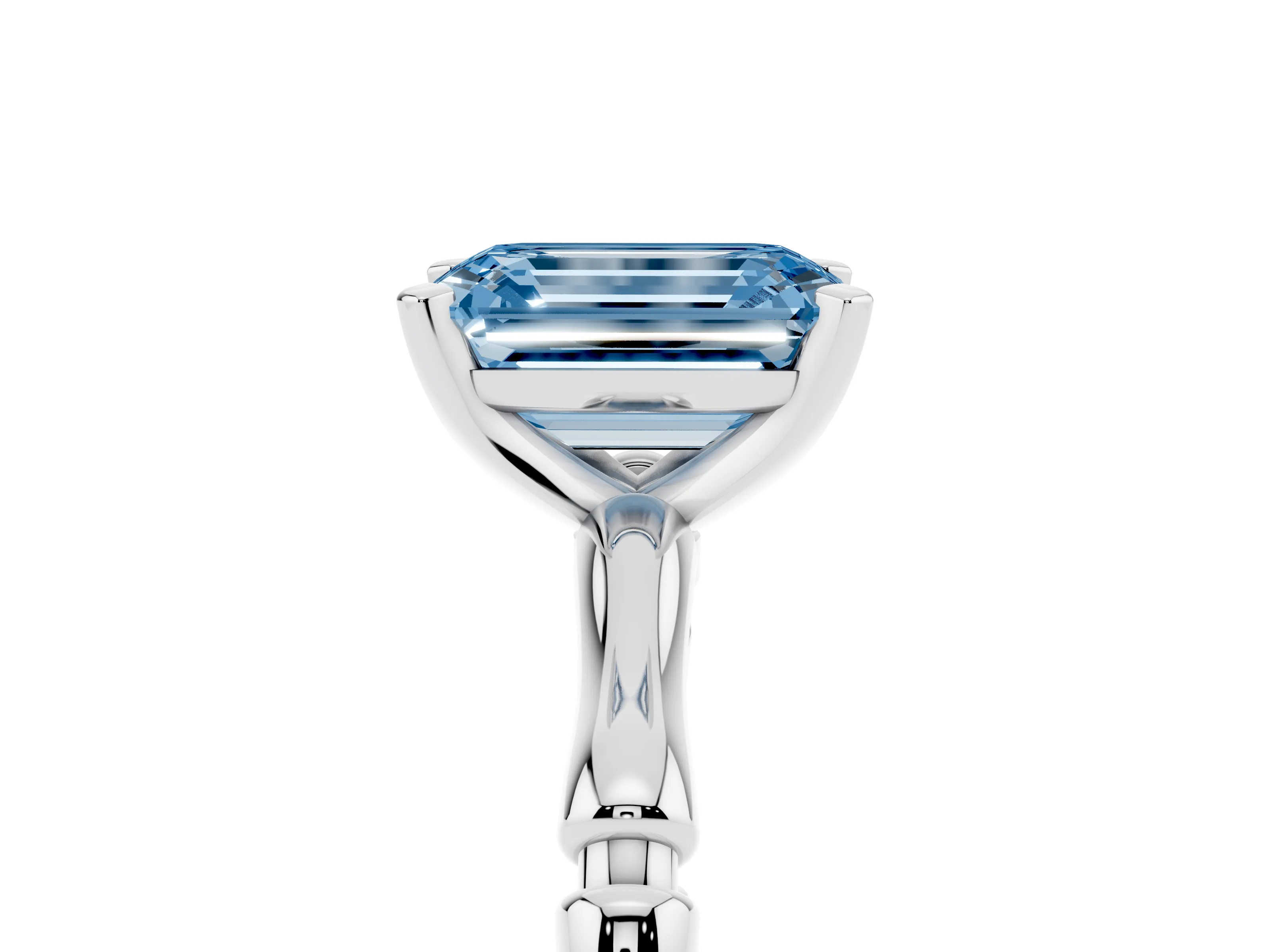 Fancy Blue Emerald Cut Diamond Solitaire Ring Set in Silver with Bamboo Band and Prong Setting