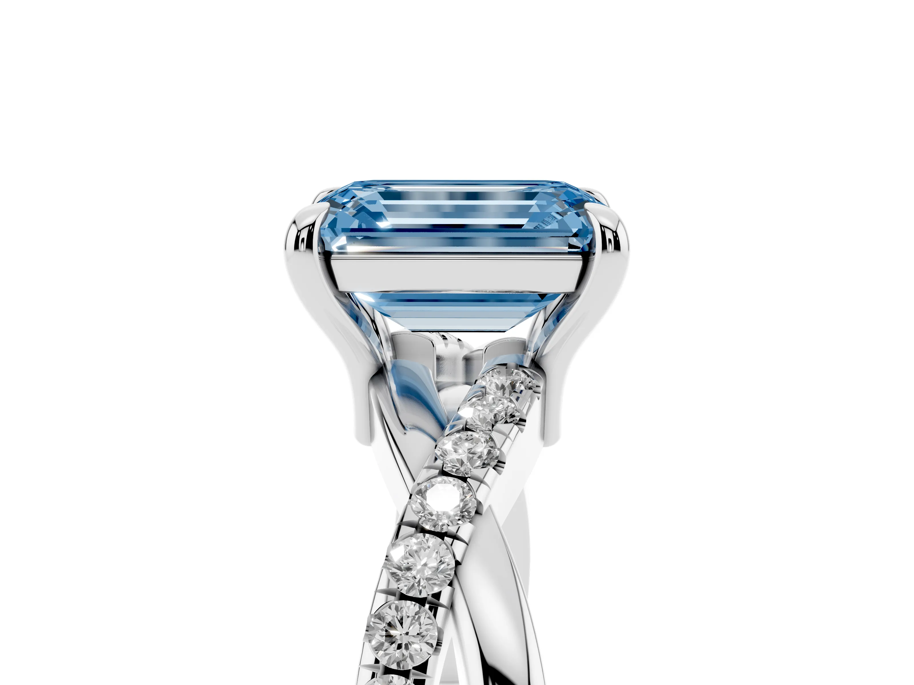 Fancy Blue Emerald Cut Diamond Twist Band Pavé Solitaire Ring Set in Silver with Prong Setting