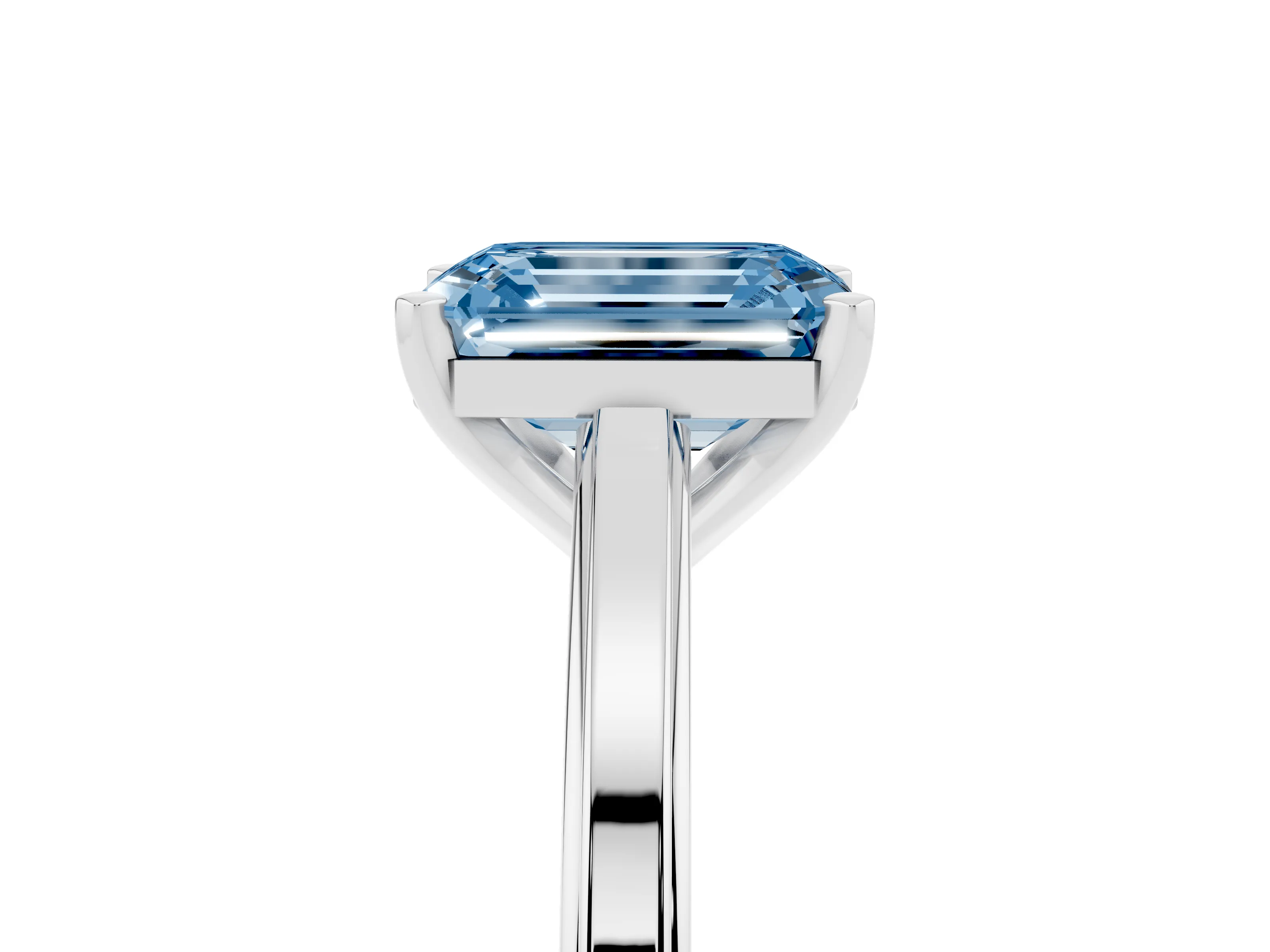 Fancy Blue Emerald Cut Diamond Solitaire Ring Set in Platinum with Prong Setting and Classic Band