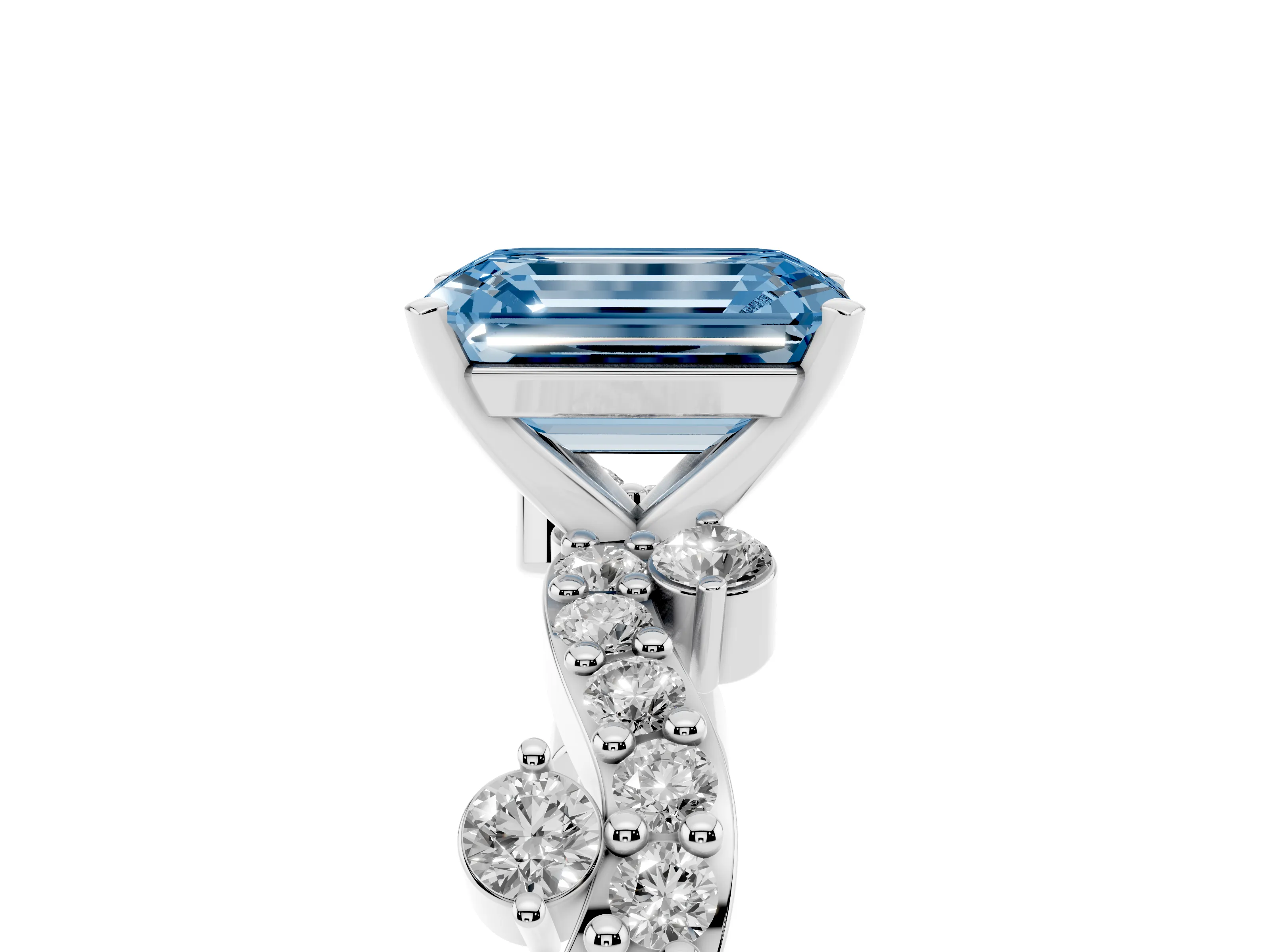 Fancy Blue Emerald Cut Diamond Solitaire Twisted Band Set in Silver with Pavé Setting