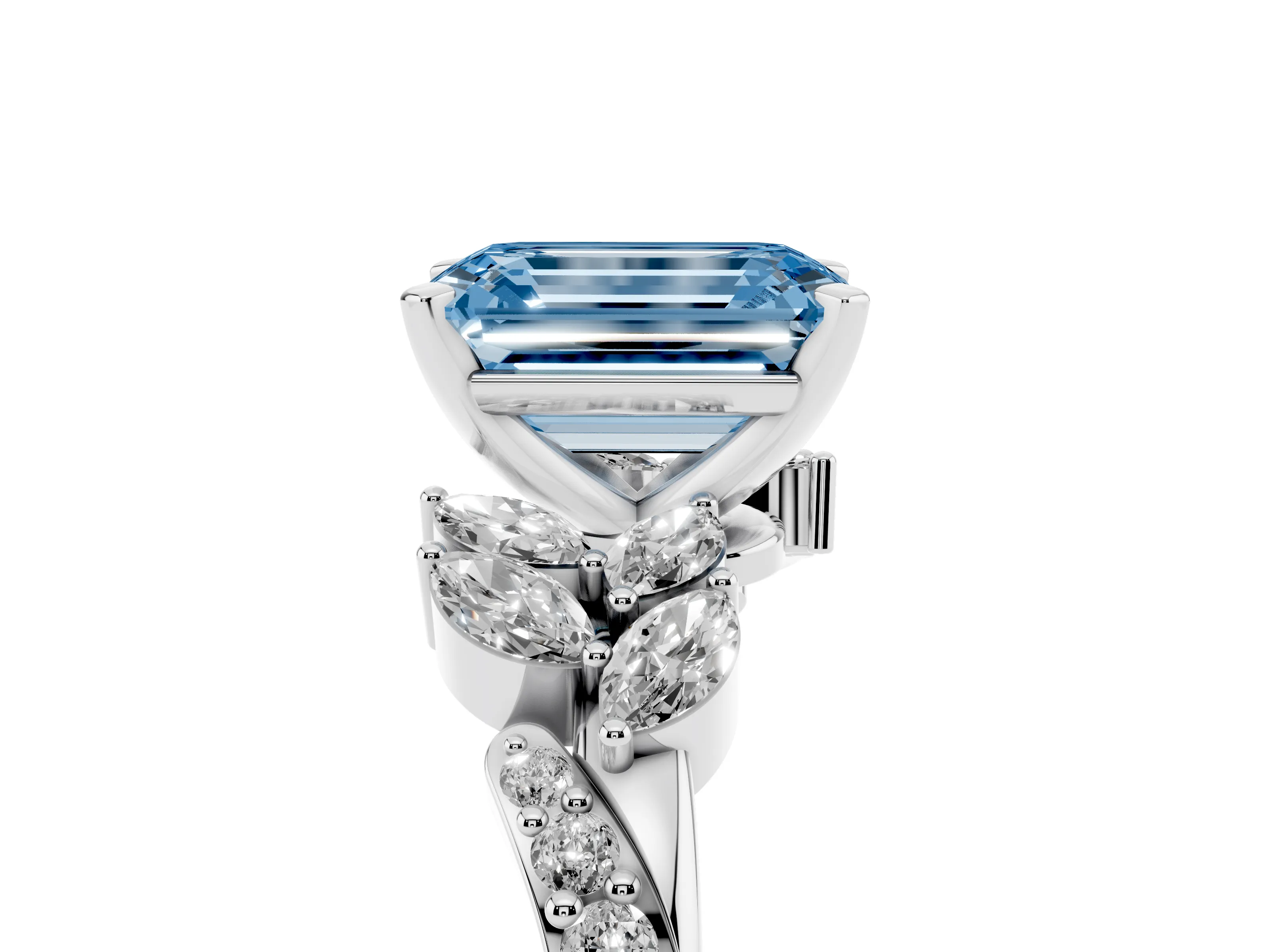 Fancy Blue Emerald Cut Diamond Solitaire Ring Set in Silver with Marquise Twist Band and Prong Setting