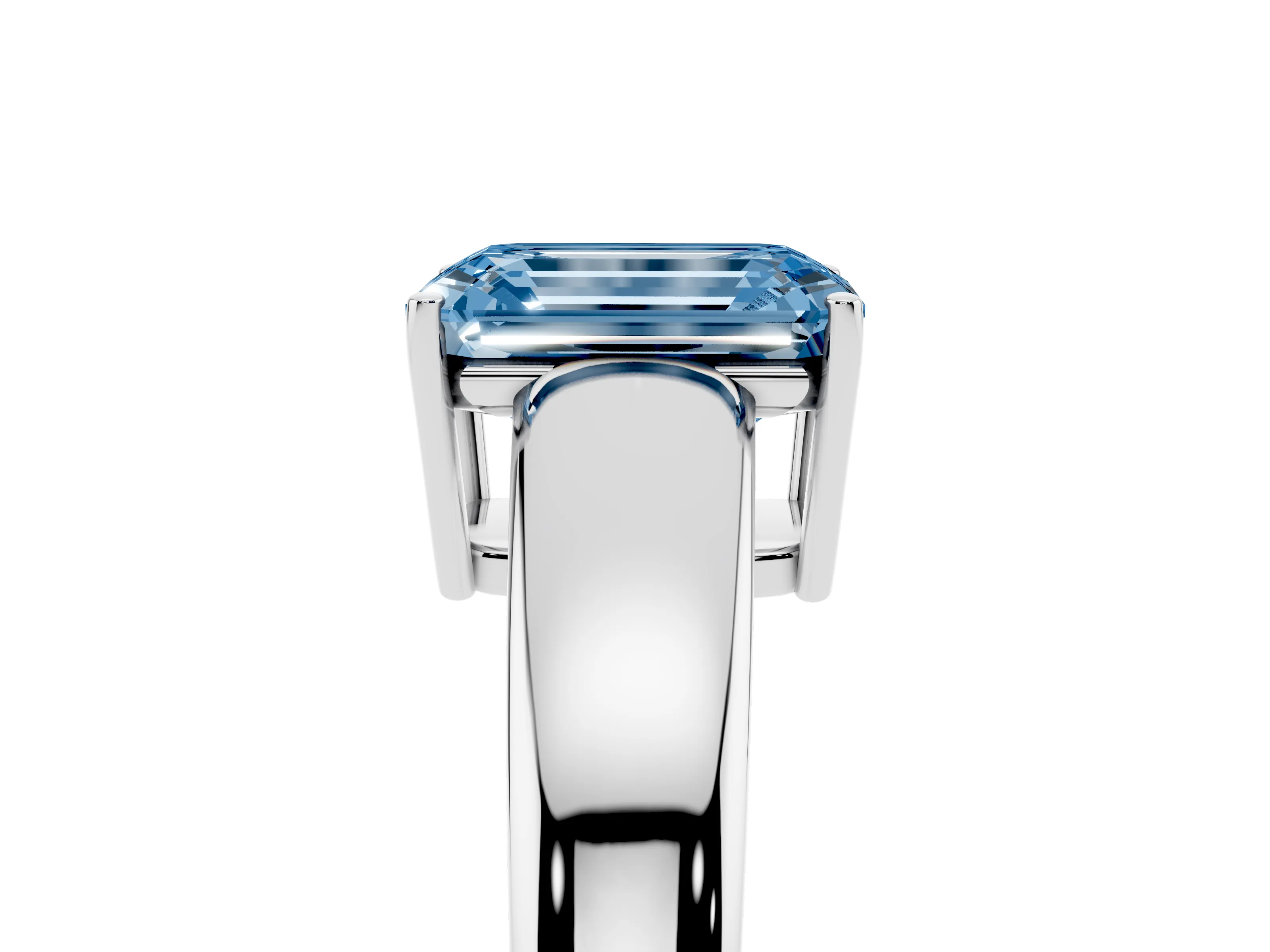 Fancy Blue Emerald Cut Diamond Solitaire Ring Set in White gold with Tapered Band and Prong Setting