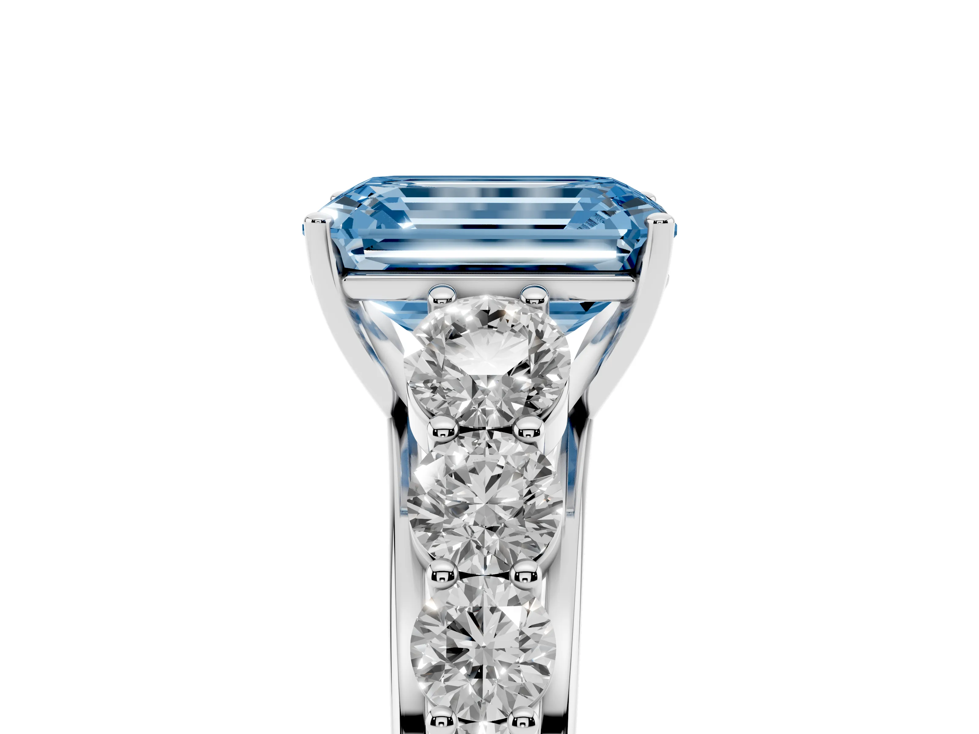 Fancy Blue Emerald Cut Diamond Solitaire Ring Set in White gold with Pavé-Set Band and Prong Setting