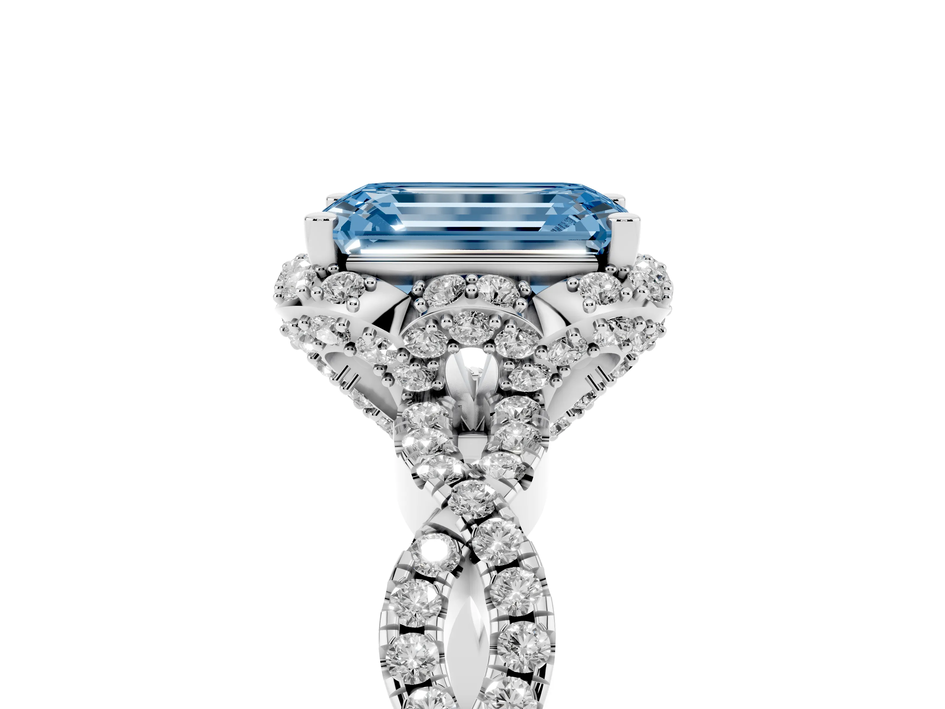 Fancy Blue Emerald Cut Diamond Halo Twist Band Solitaire Ring Set in Platinum with Prong-Set Center Stone