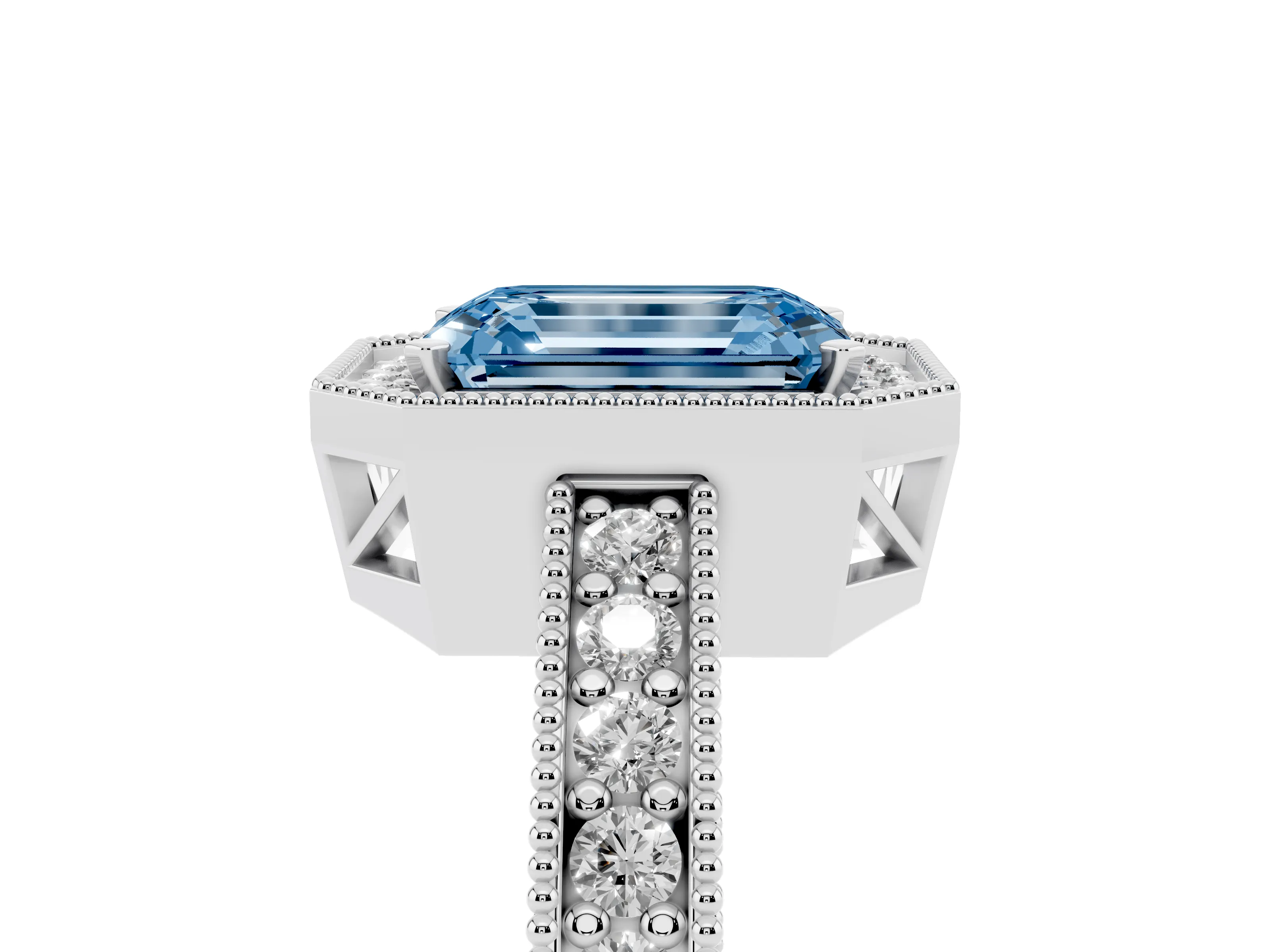 Fancy Blue Emerald Cut Diamond Halo Pavé Band Ring Set in Silver with Prong-Set Center