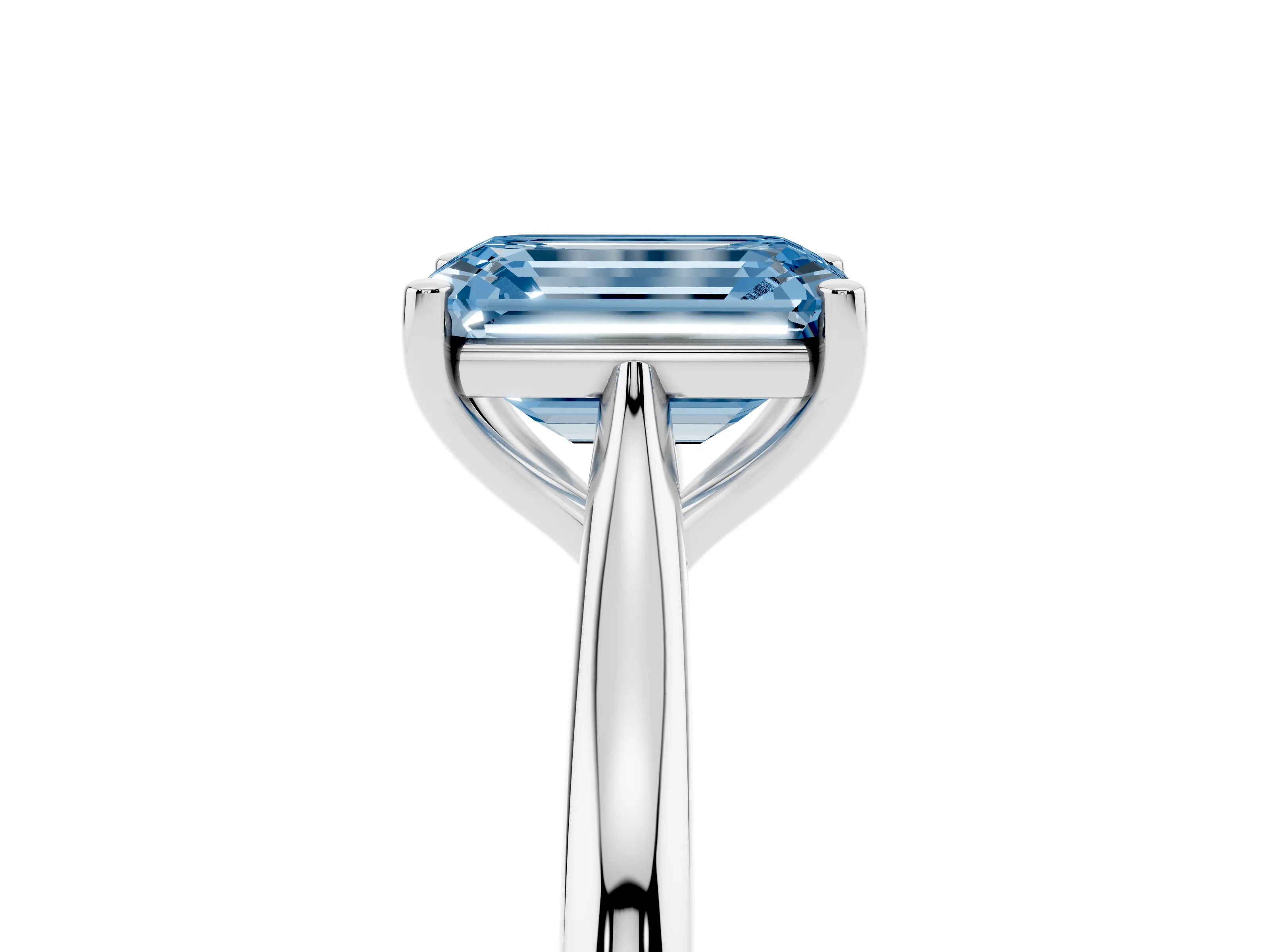 Fancy Blue Emerald Cut Diamond Solitaire Ring Set in White gold with Cathedral Band and Prong Setting