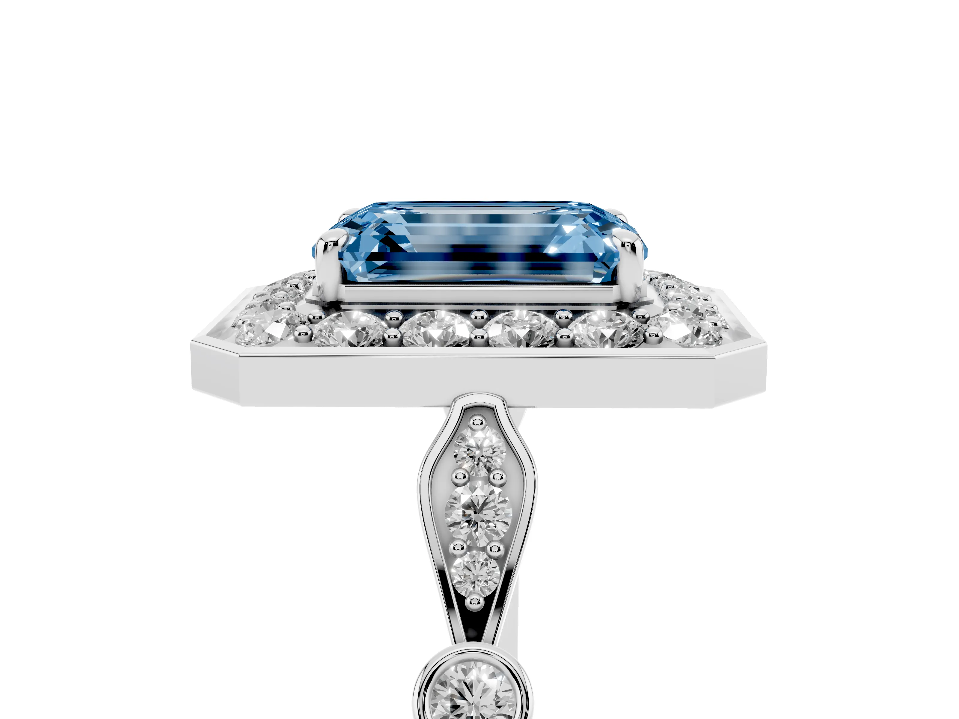 Fancy Blue Emerald Cut Diamond Halo Engagement Ring Set in Silver with Twisted Band and Prong Setting