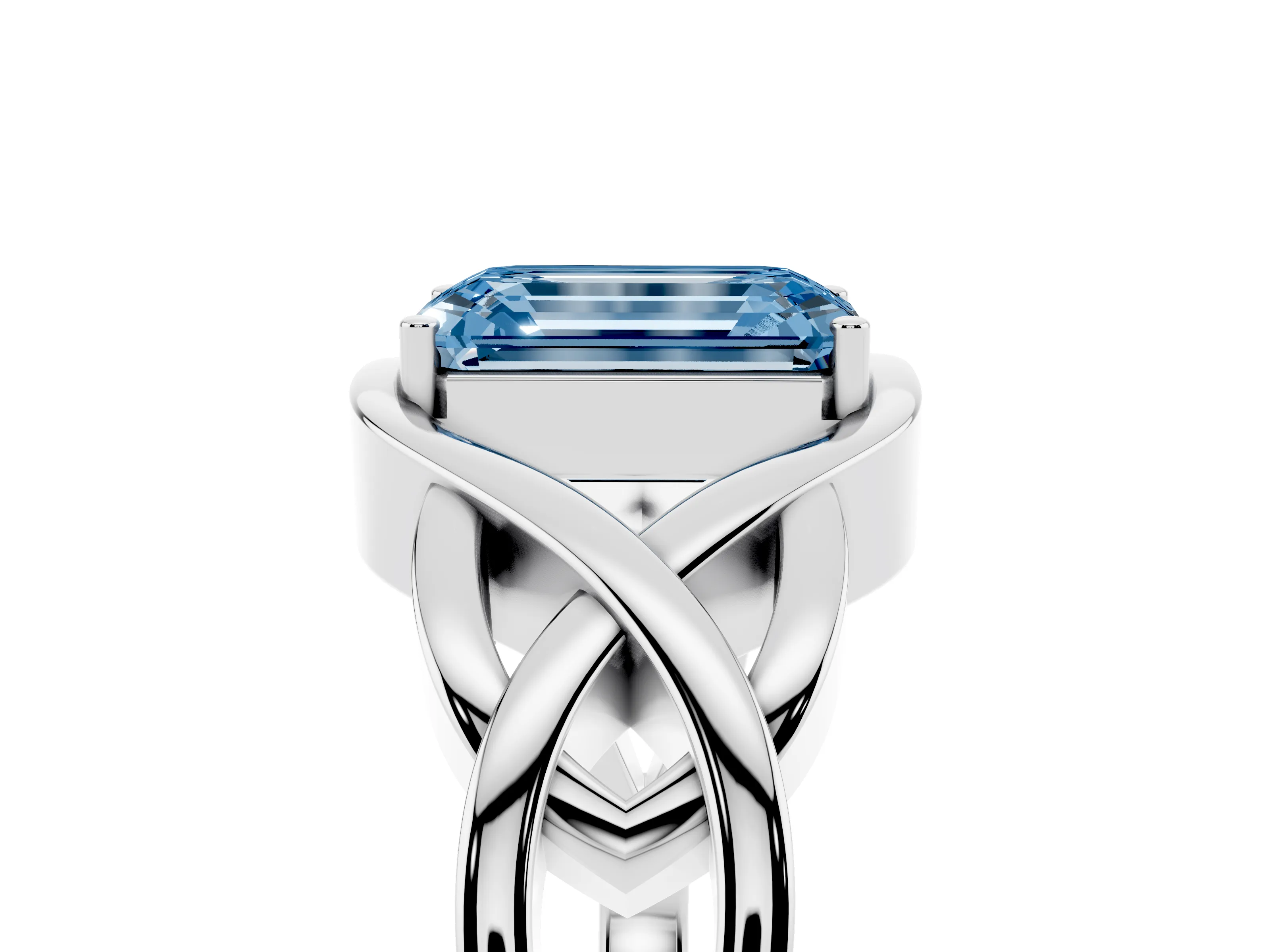 Fancy Blue Emerald Cut Diamond Solitaire Ring Set in Platinum with Intertwined Band