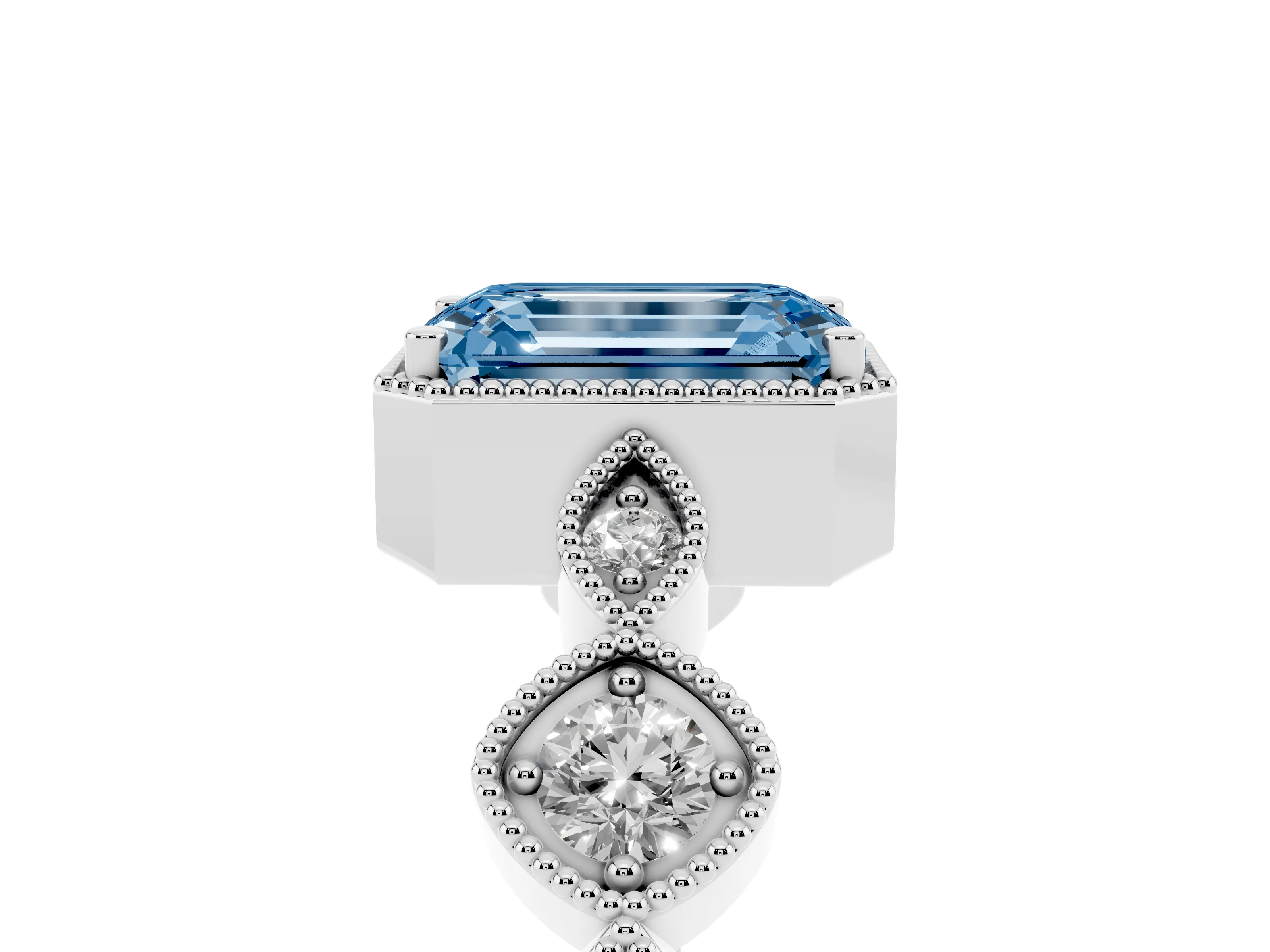 Fancy Blue Emerald Cut Diamond Vintage-Inspired Milgrain Ring Set in Platinum with Marquise Stations of Round Accents