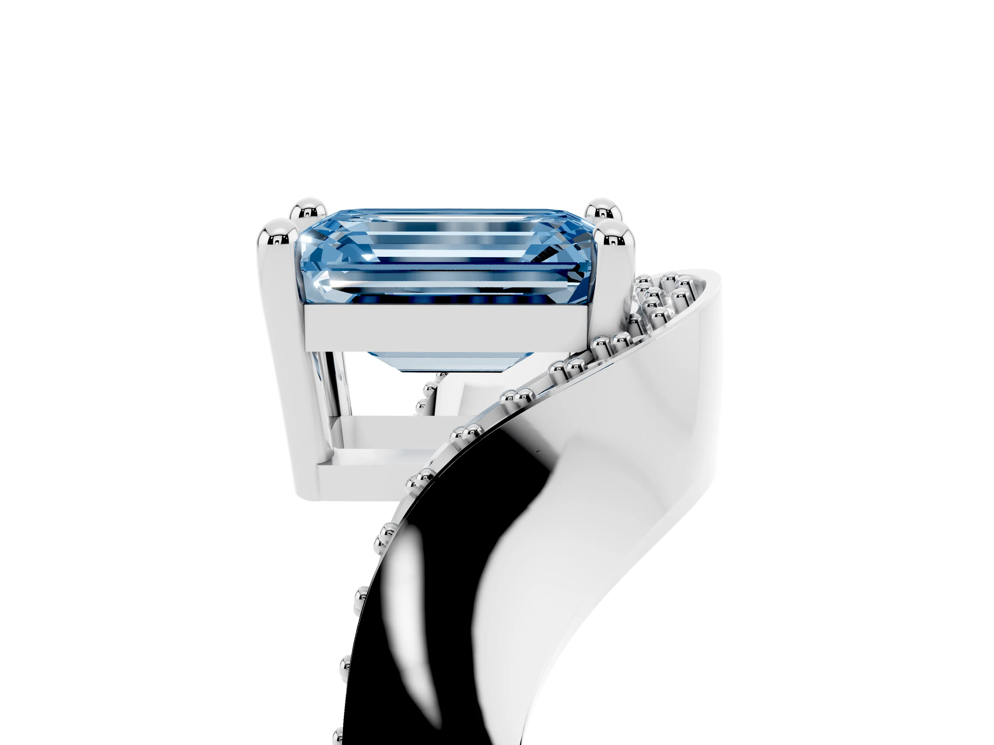 Fancy Blue Emerald Cut Diamond Solitaire Engagement Ring Set in Silver with Pavé Shoulders