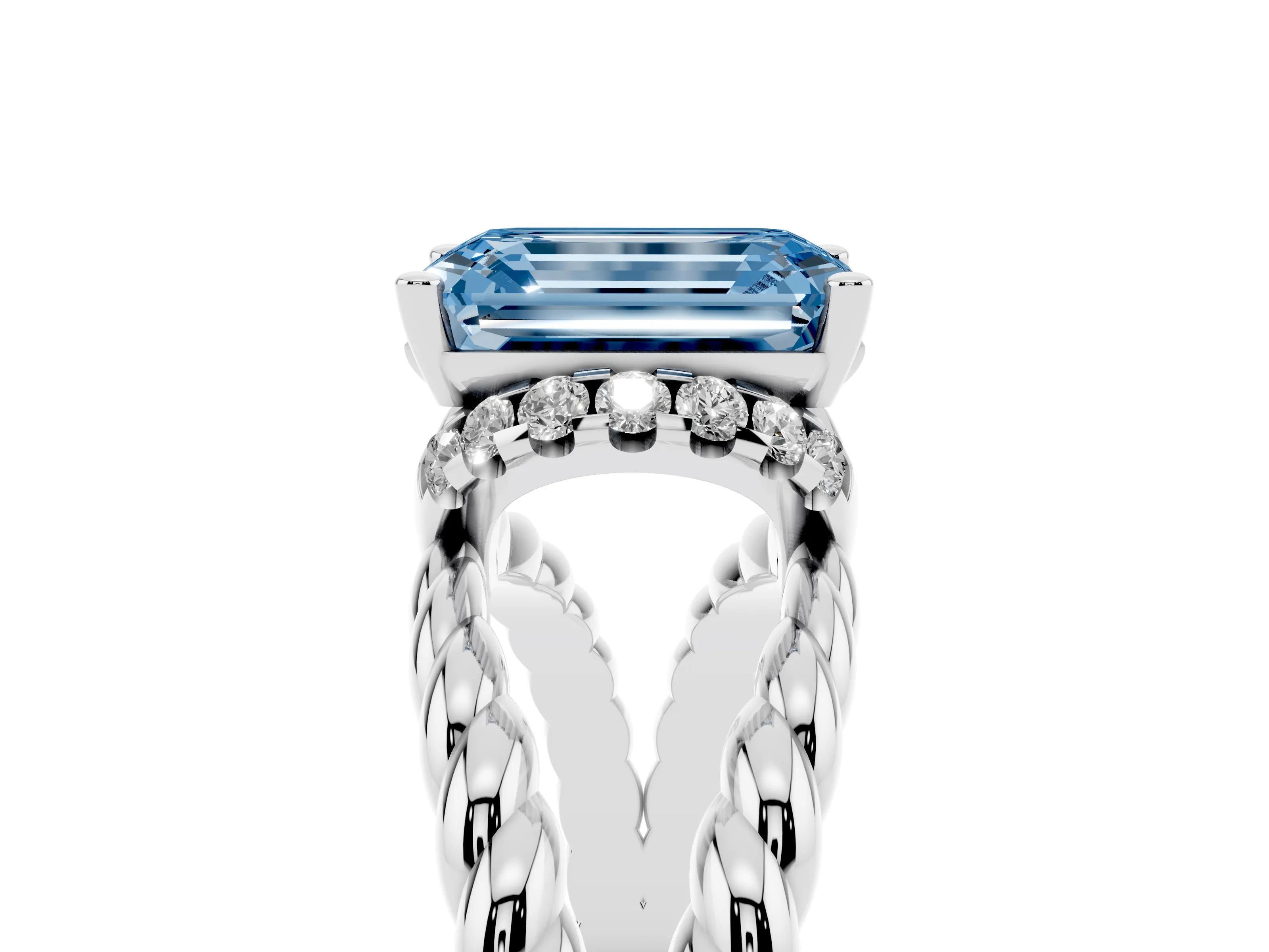 Fancy Blue Emerald Cut Diamond Halo Ring Set in Platinum with Twisted Band and Prong Setting