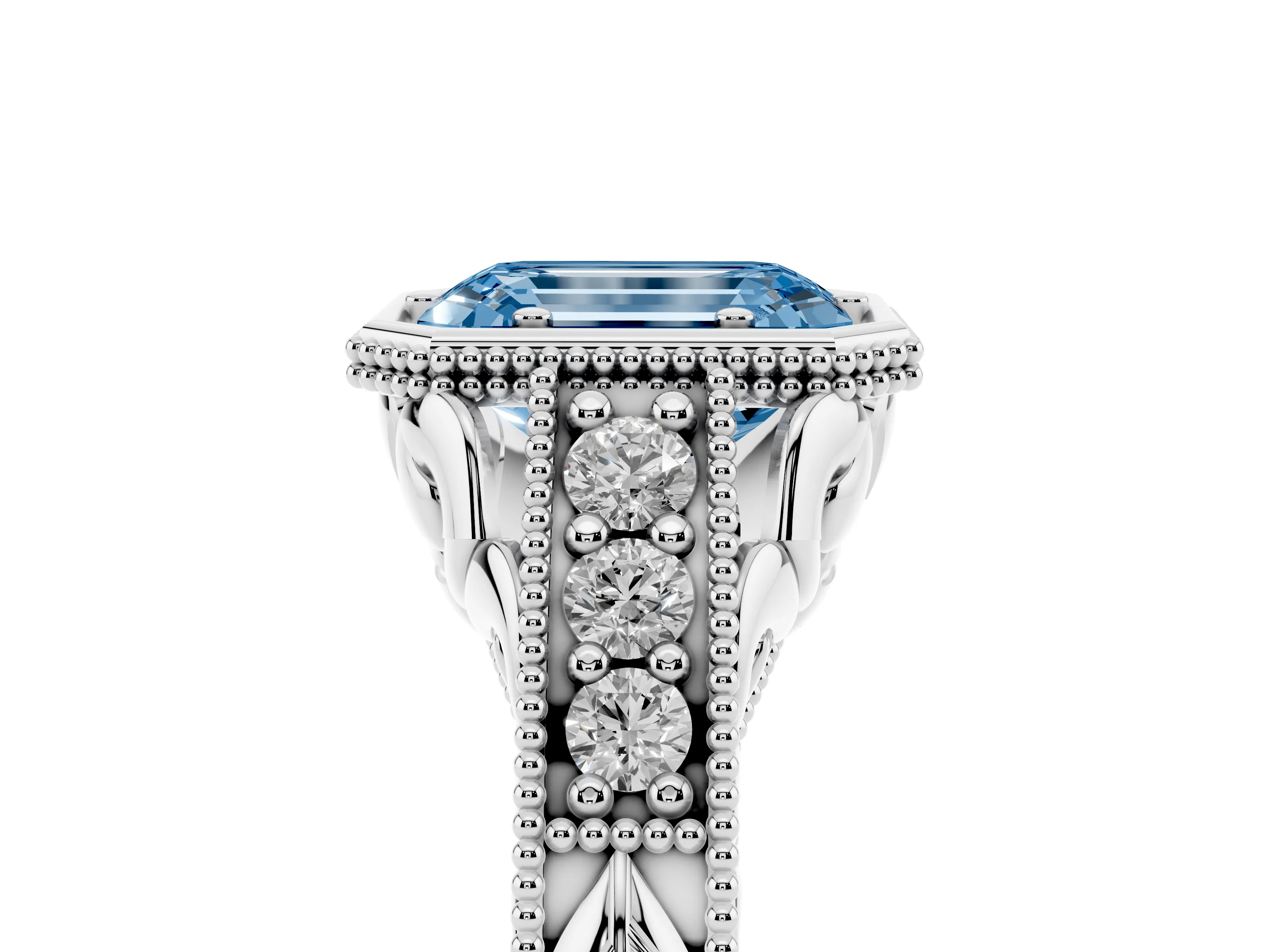 Fancy Blue Bezel Set Emerald Cut Diamond Milgrain Pavé Engagement Ring Set in Silver