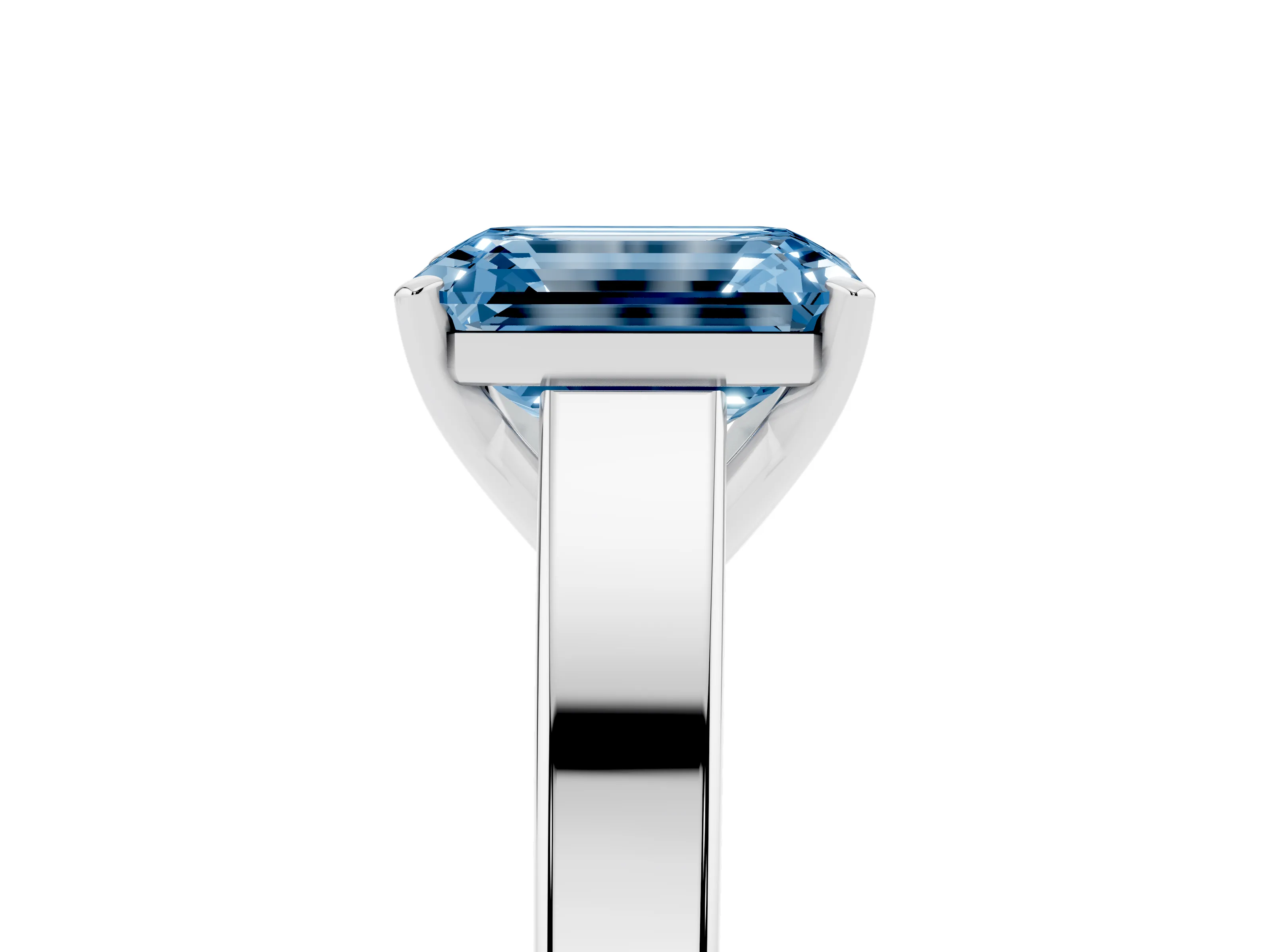 Fancy Blue Emerald Cut Diamond Solitaire Engagement Ring Set in White gold with Prong Setting and Tapered Band