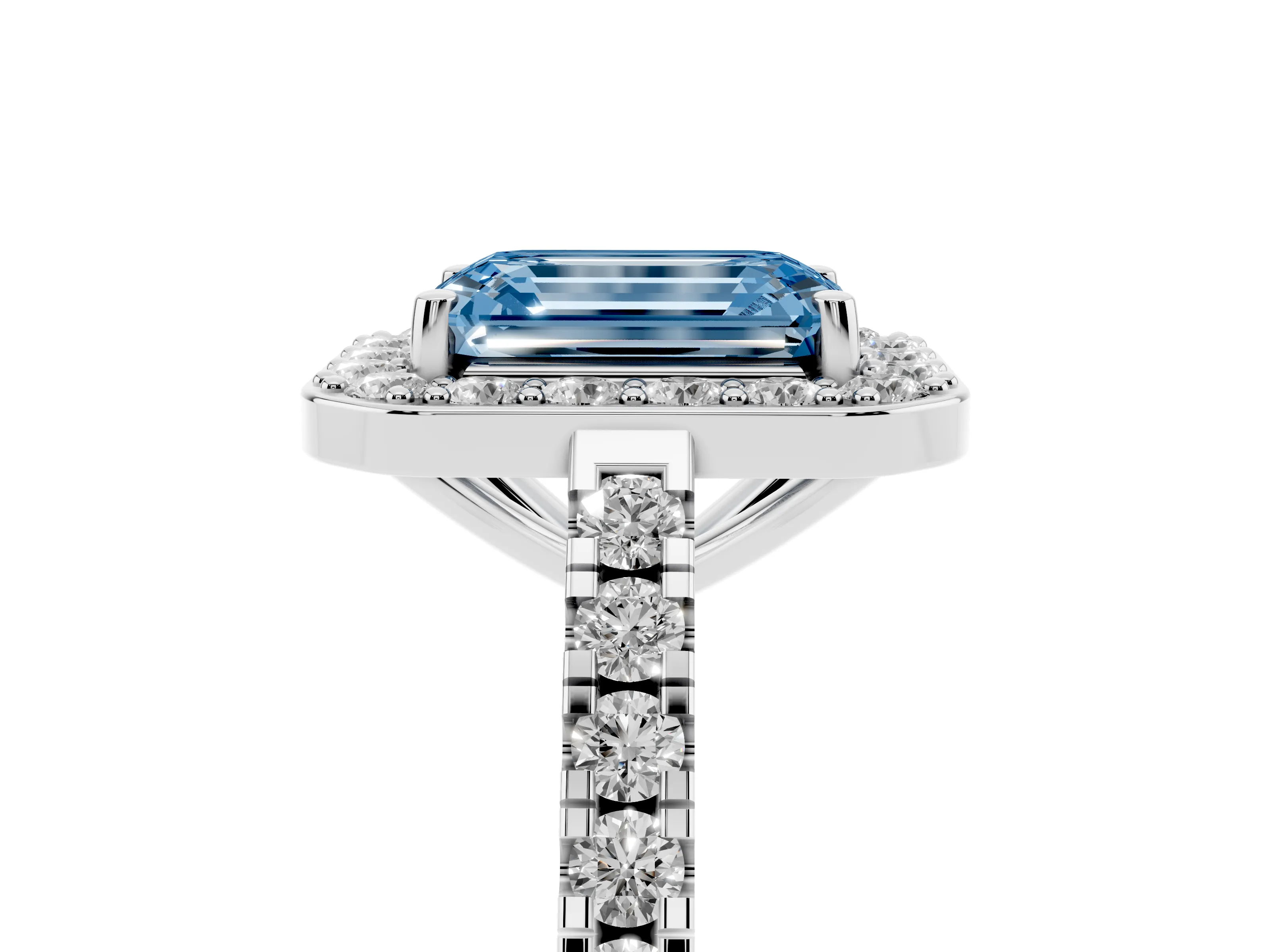 Fancy Blue Emerald Cut Diamond Halo Ring Set in Silver with Round Pavé Split Shank and Prong Setting