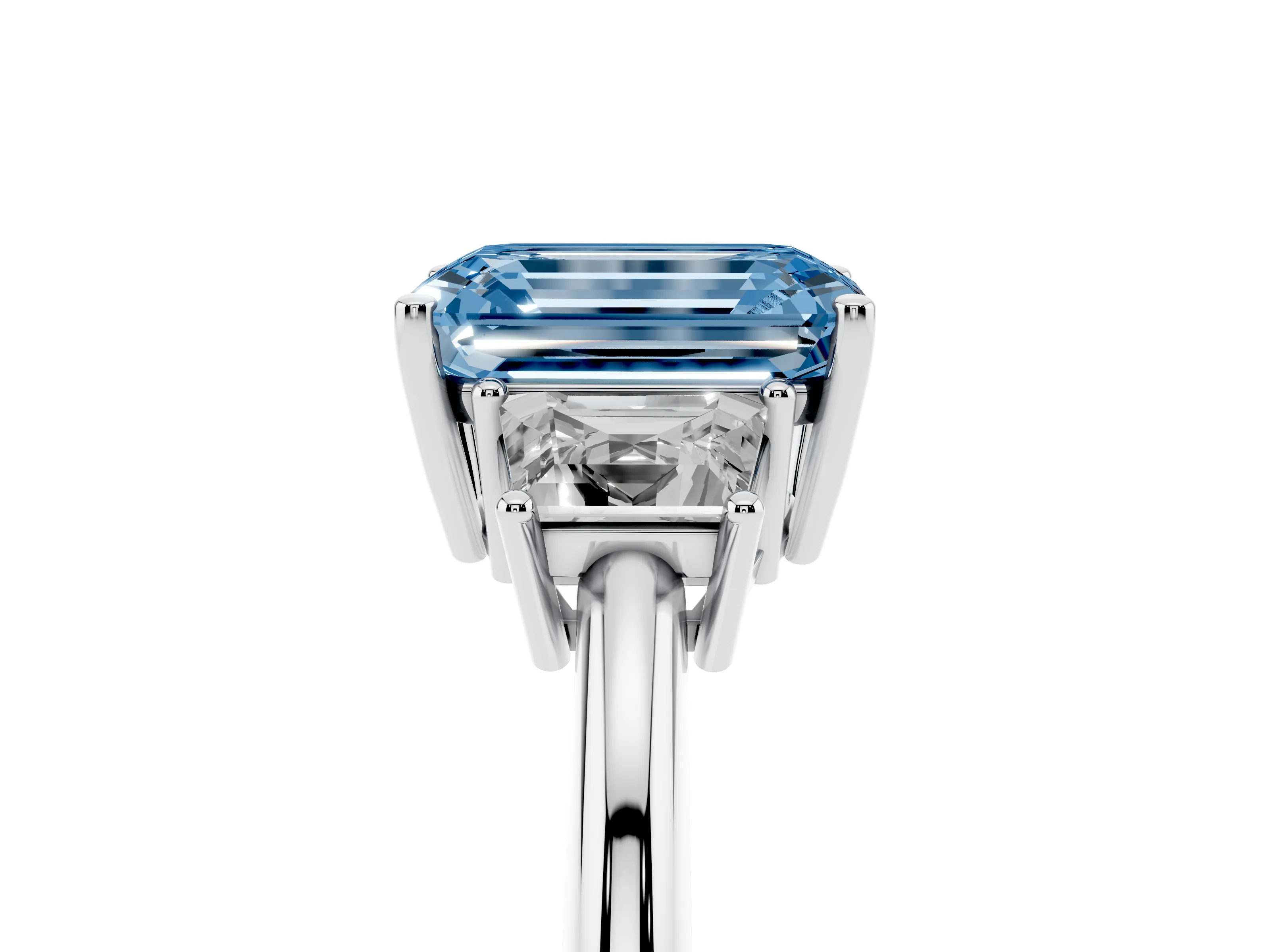 Fancy Blue Emerald Cut Diamond Three-Stone Ring Set in Silver with Trapezoid Side Stones and Prong Setting