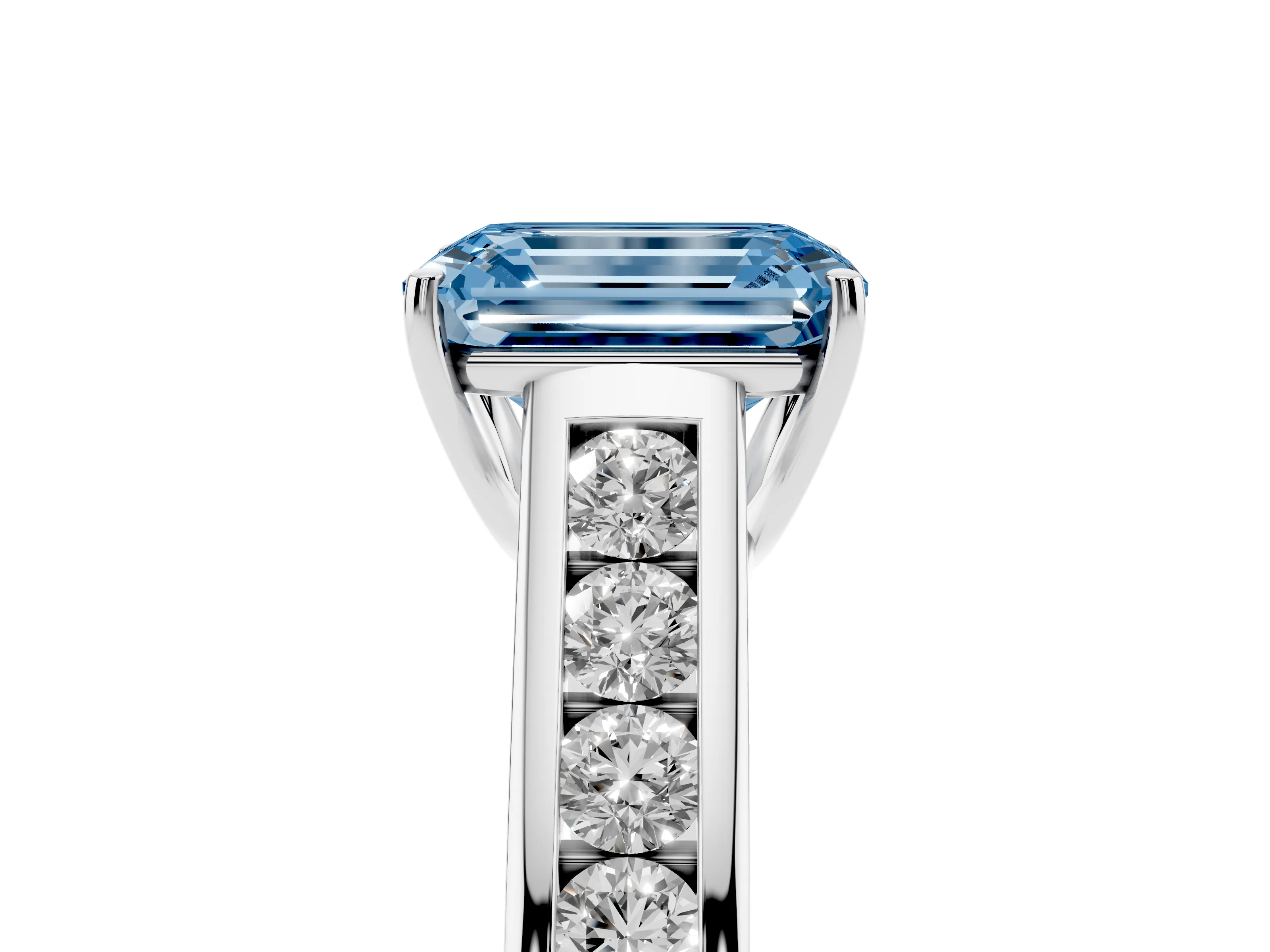 Fancy Blue Emerald Cut Diamond Brilliant Channel-Set Solitaire Ring Set in White gold with Prong Setting