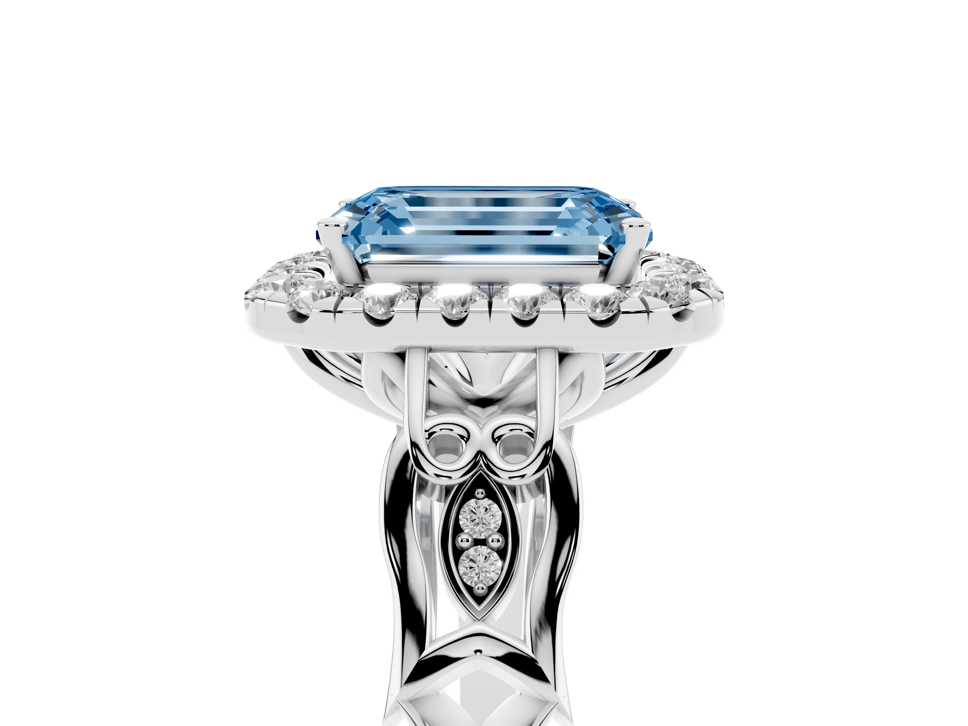 Fancy Blue Emerald Cut Diamond Halo Engagement Ring Set in Platinum with Filigree Band and Prong-Set Center