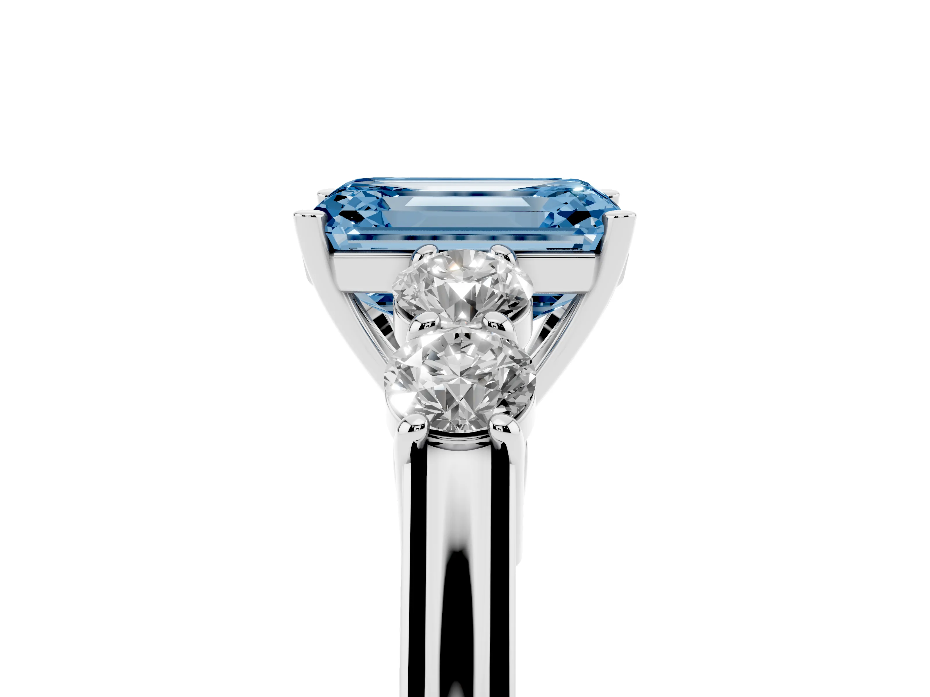 Fancy Blue Emerald Cut Diamond Five-Stone Prong Set Band Ring Set in Platinum with Polished Band