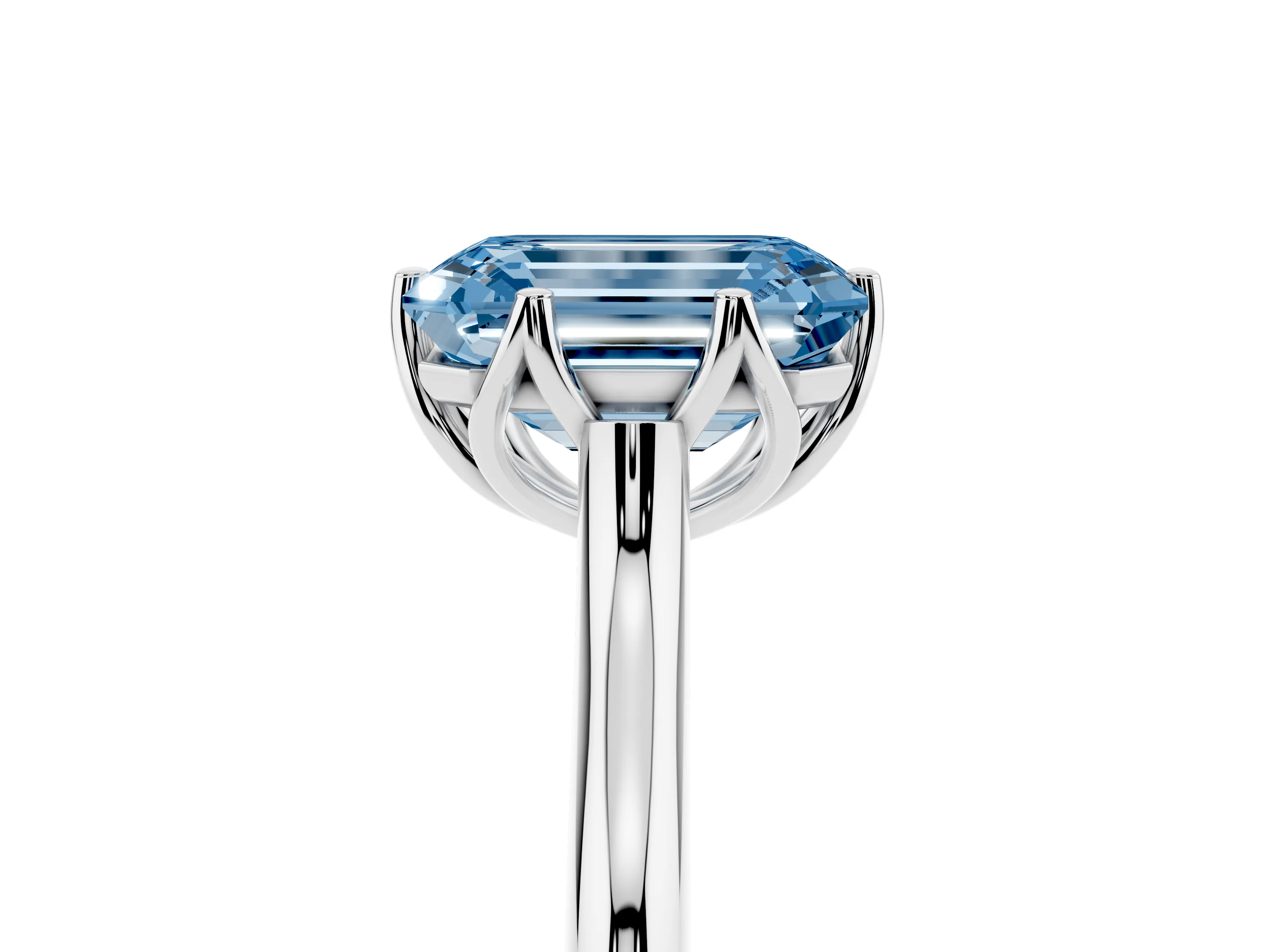 Fancy Blue Emerald Cut Diamond Solitaire Cathedral Ring Set in Platinum with Prong Setting