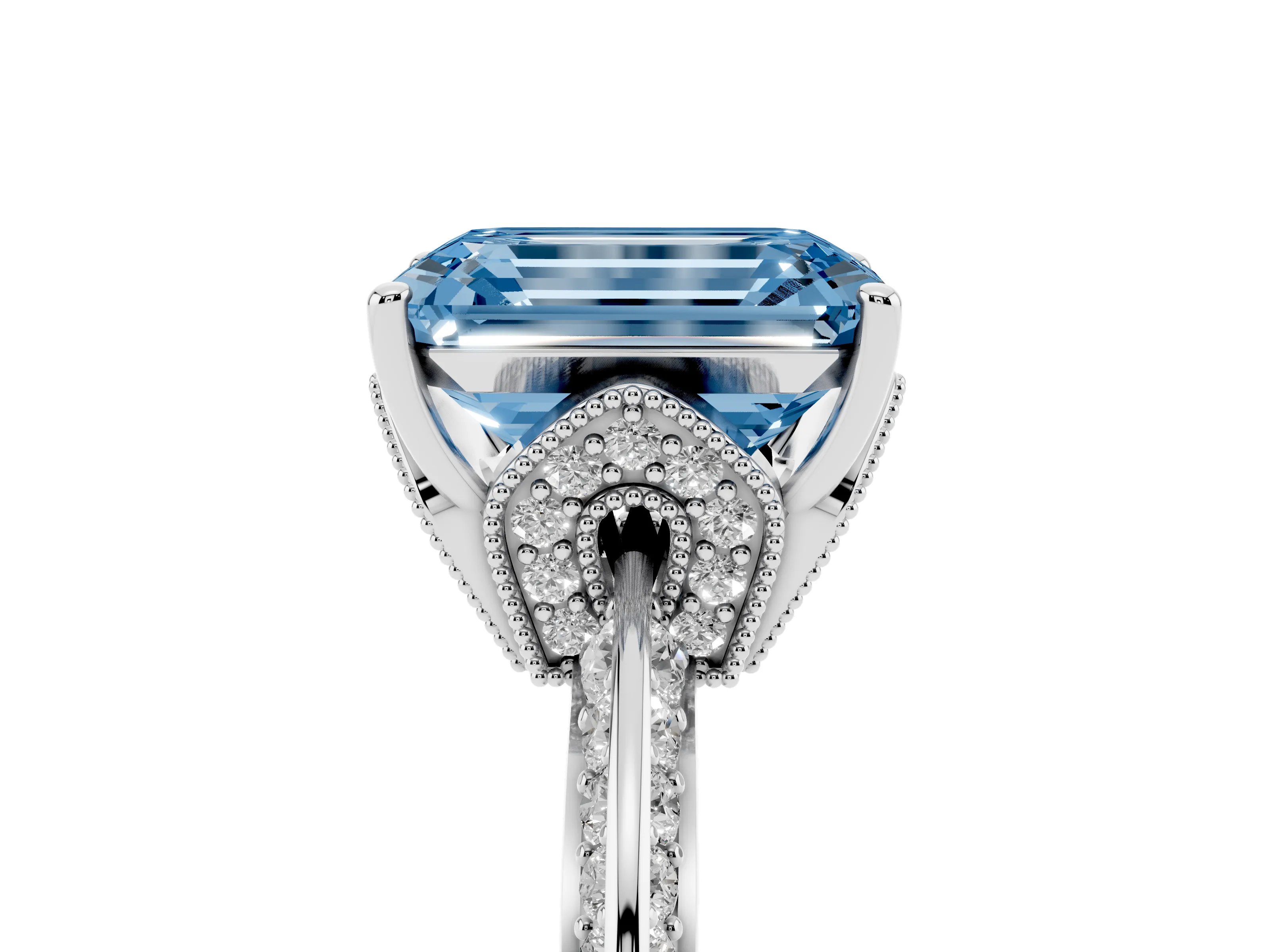 Fancy Blue Emerald Cut Diamond Solitaire Engagement Ring Set in Platinum with Pavé Split Shank and Prong Setting