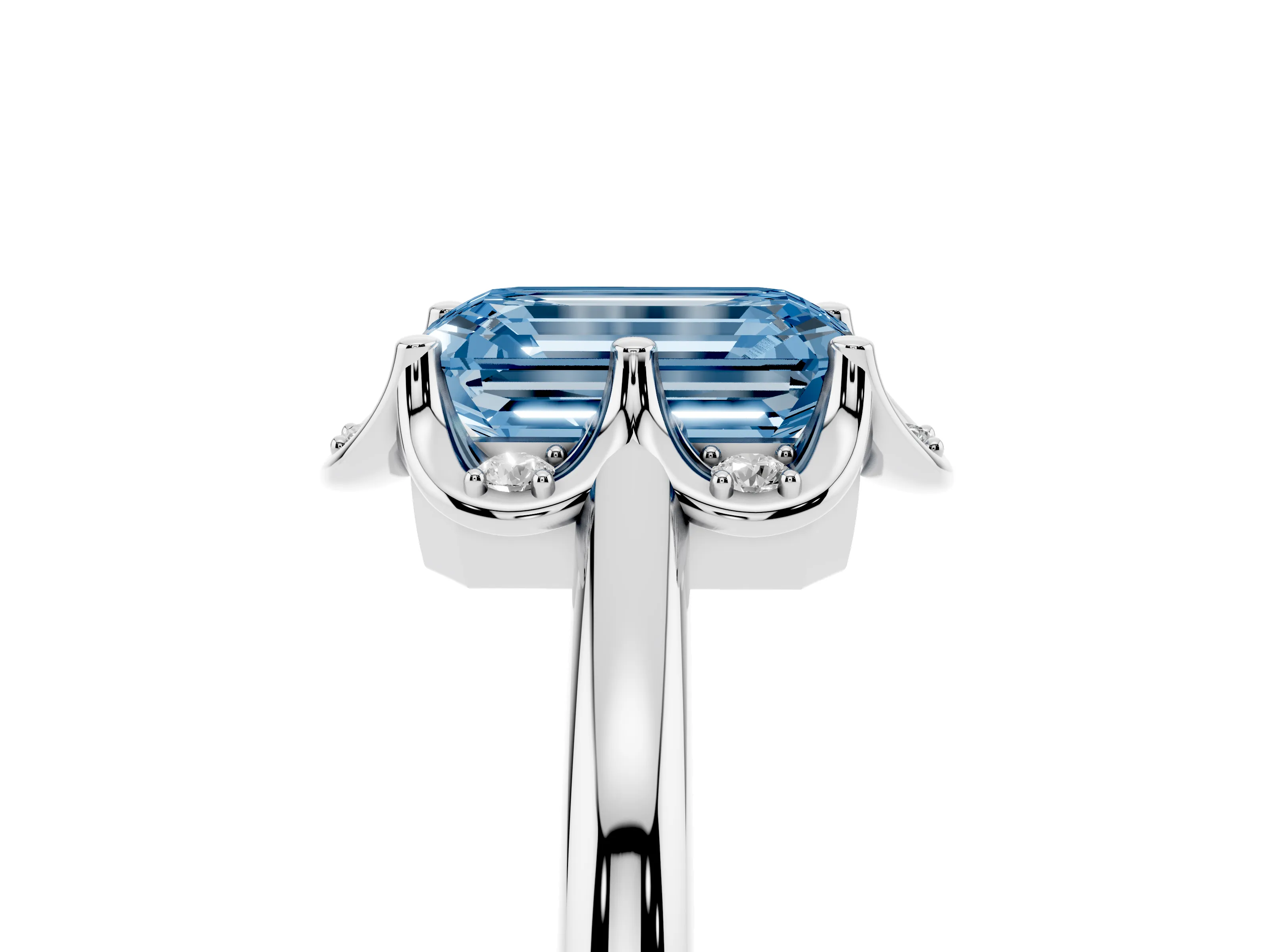 Fancy Blue Emerald Cut Diamond Round Cluster Halo Ring Set in Platinum with Solitaire Band and Prong Setting