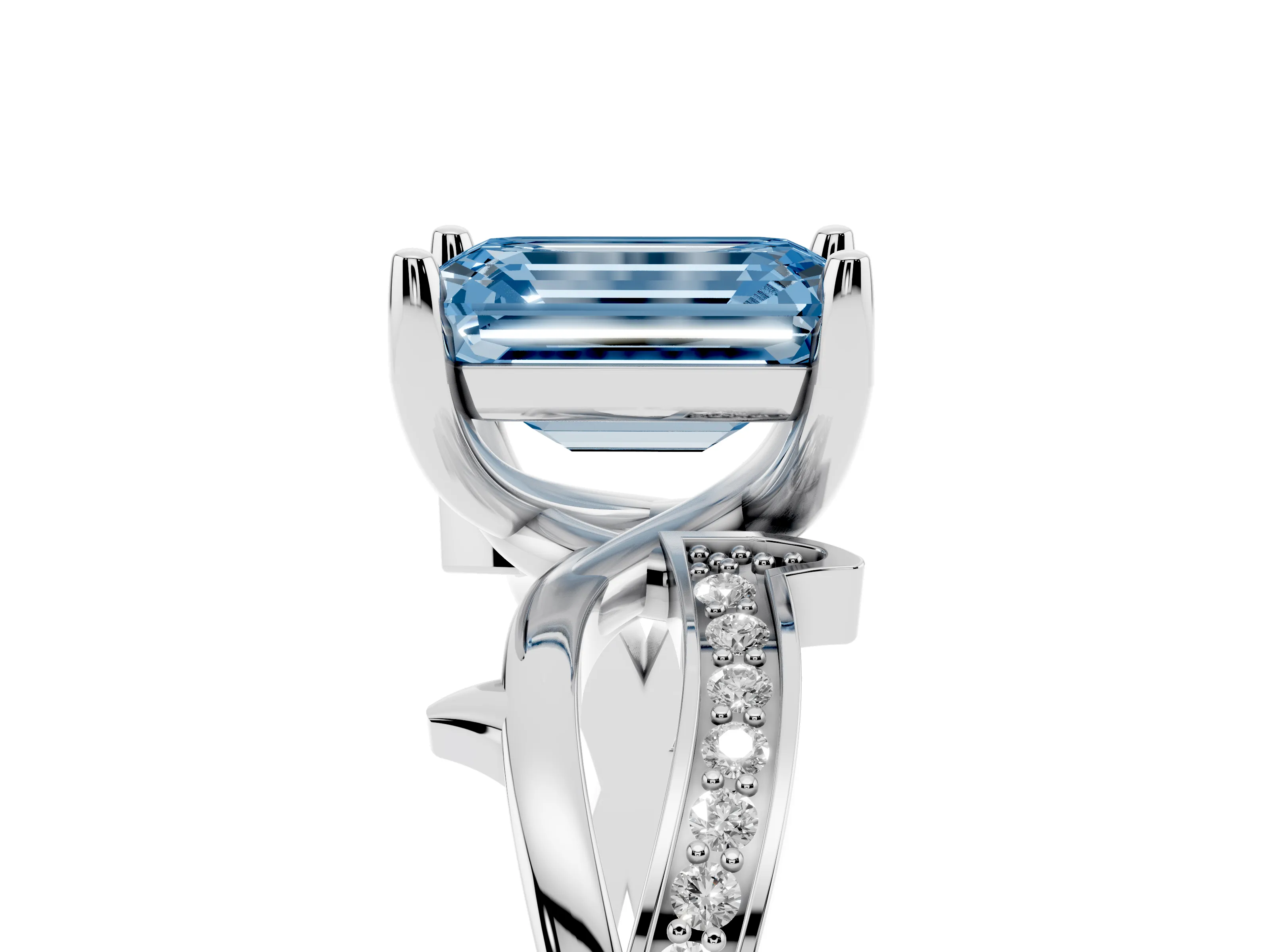 Fancy Blue Emerald Cut Diamond Pavé Twist Band Solitaire Ring Set in Silver with Prong Setting