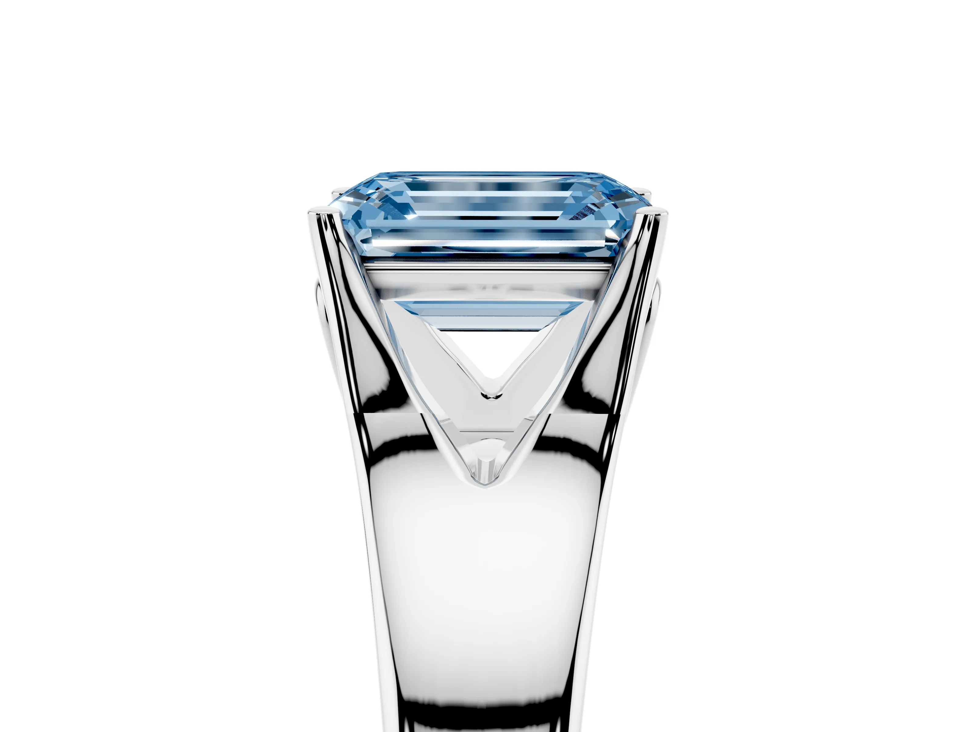 Fancy Blue Emerald Cut Diamond Solitaire Ring Set in Platinum with Arched Cathedral Band and Prong Setting