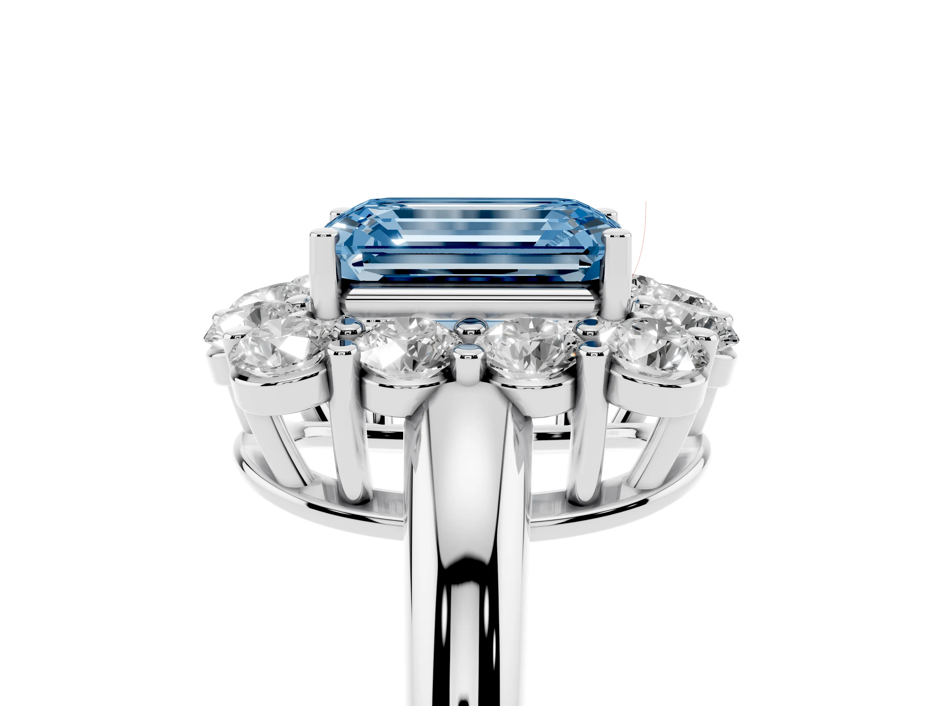 Fancy Blue Emerald Cut Diamond Halo Cluster Engagement Ring Set in White gold with Polished Band and Prong Setting