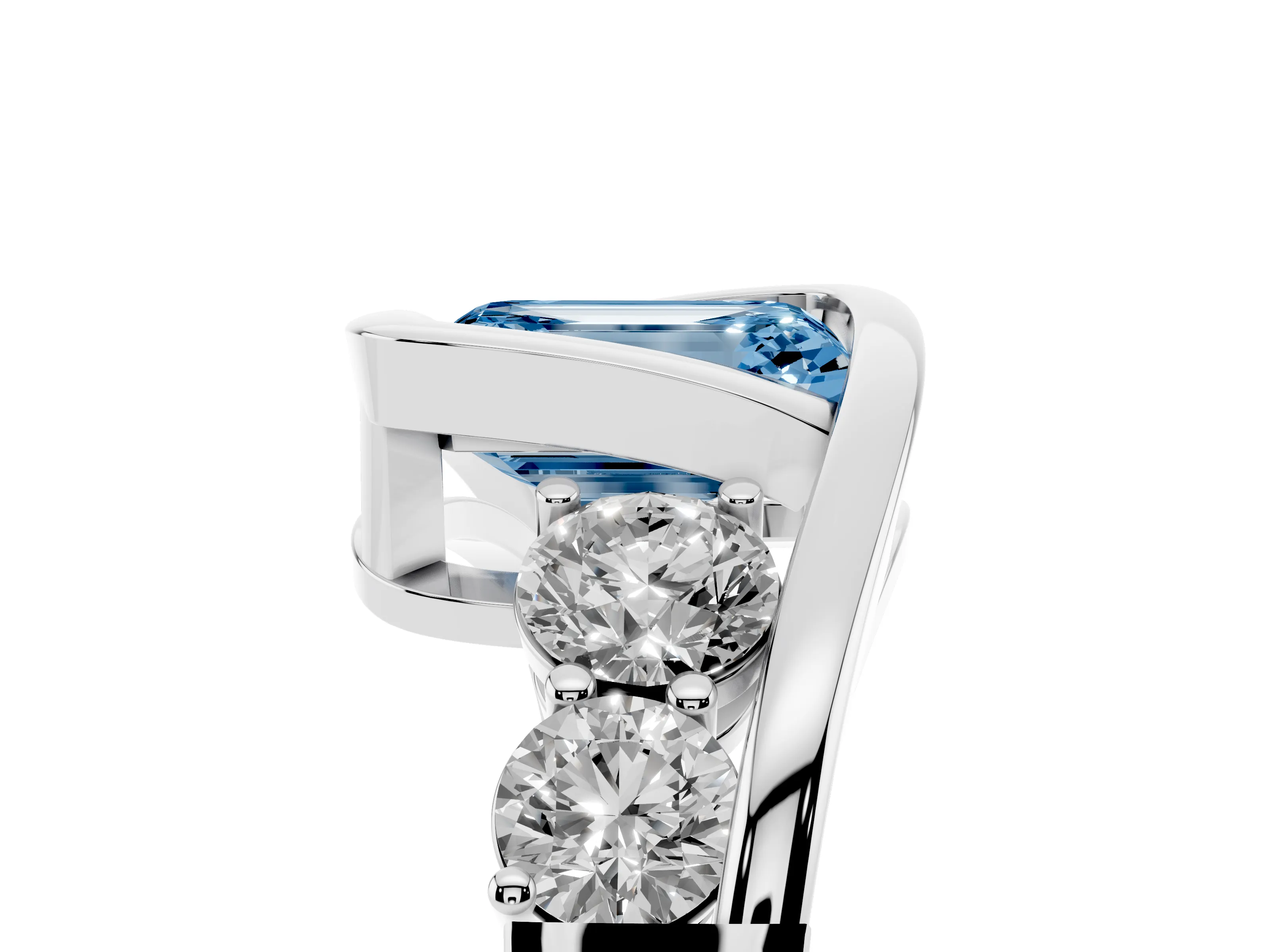 Fancy Blue Emerald Cut Diamond Bezel Bypass Ring Set in Silver with Round Accents