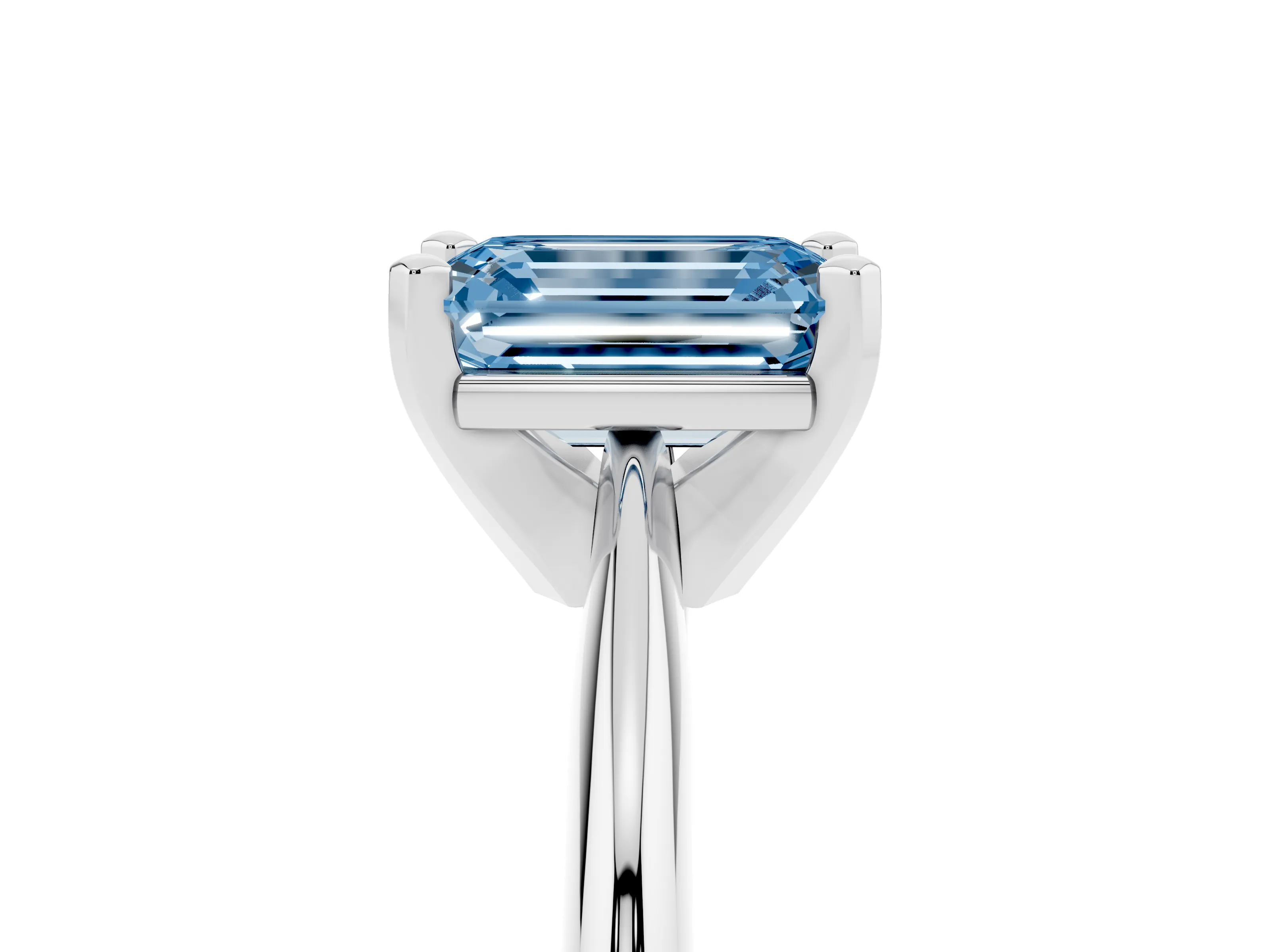 Fancy Blue Emerald Cut Diamond Solitaire Ring Set in Silver with Prong Setting on a Plain Round Band