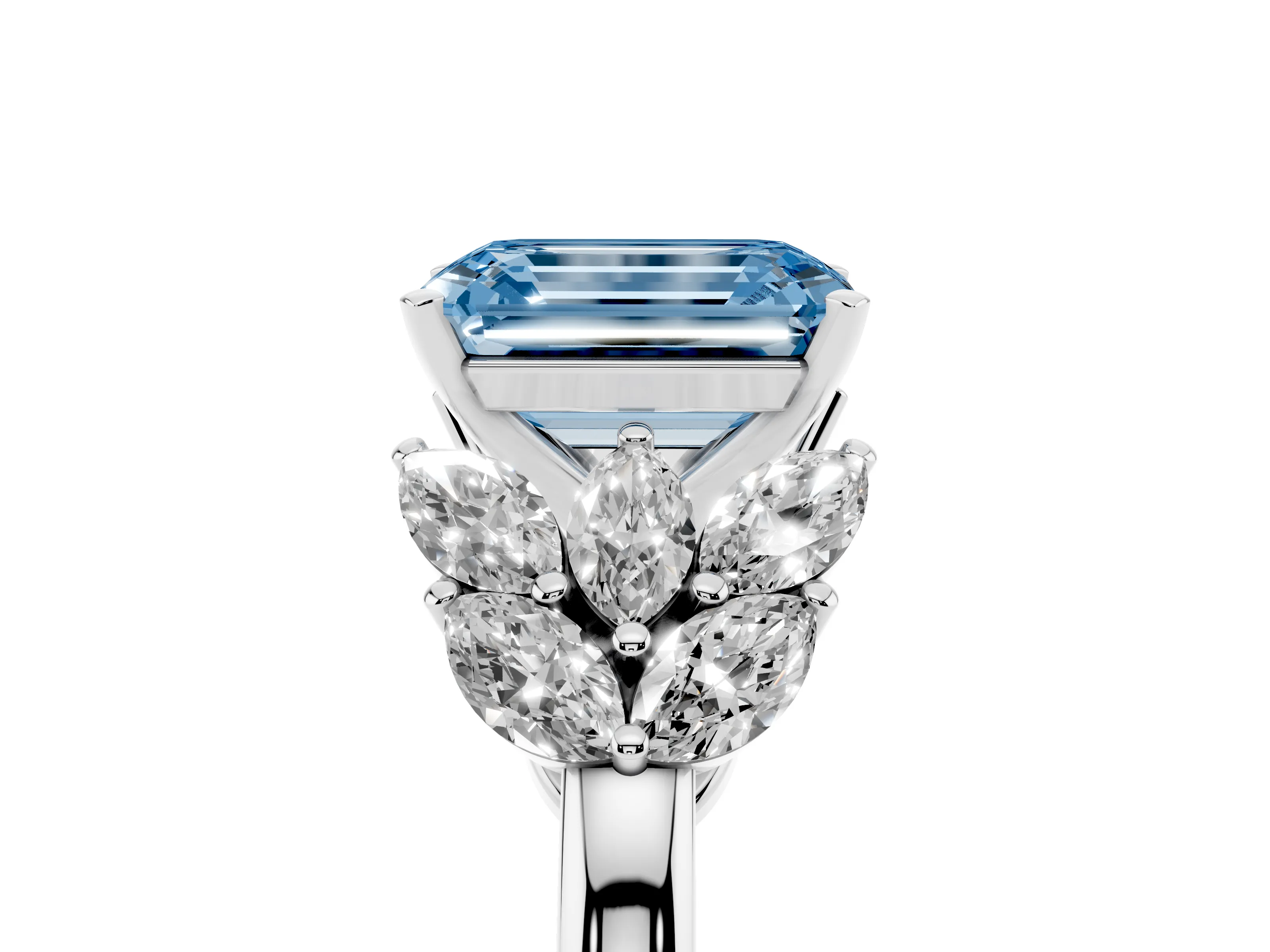 Fancy Blue Emerald Cut Diamond Cluster Leaf Design Ring Set in Platinum with Prong Setting