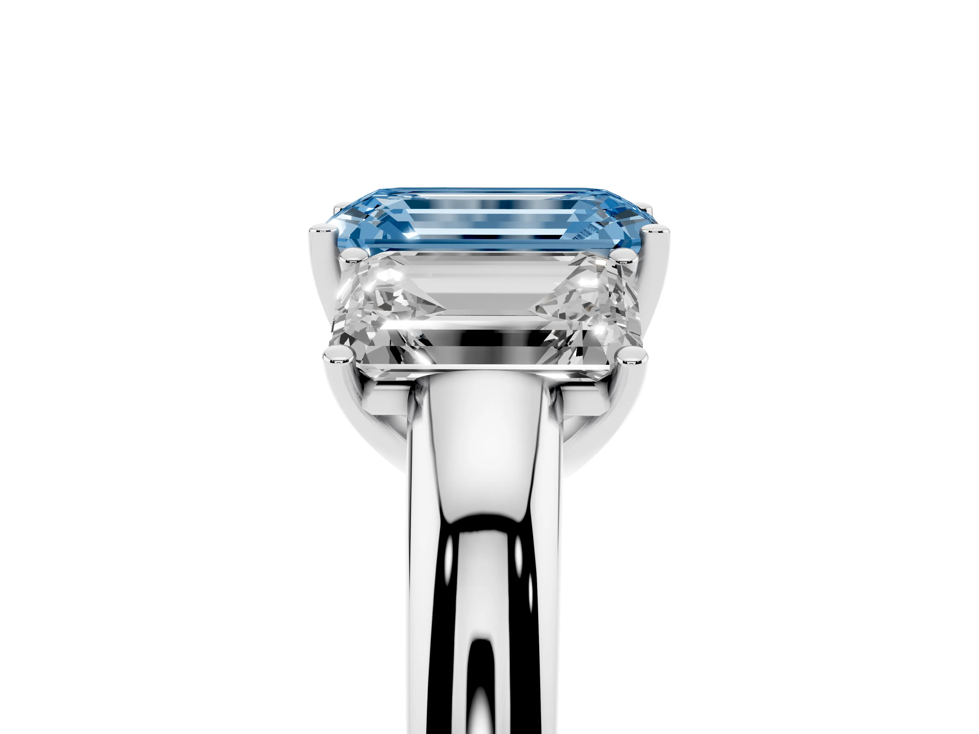 Fancy Blue Emerald Cut Diamond Three-Stone Ring Set in Silver with Bold Center and Classic Band